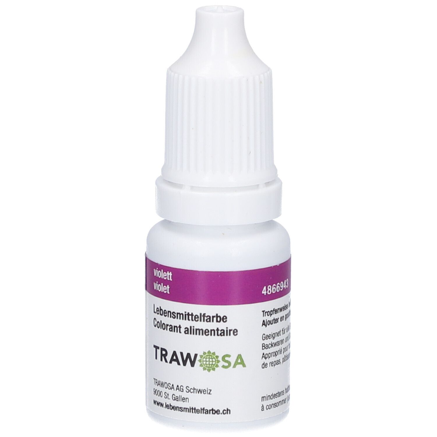 Flacon blanc avec étiquette violette. Inscription : "violet", "Colorant alimentaire". Marque : TRAWOSA. Code : 4866943.