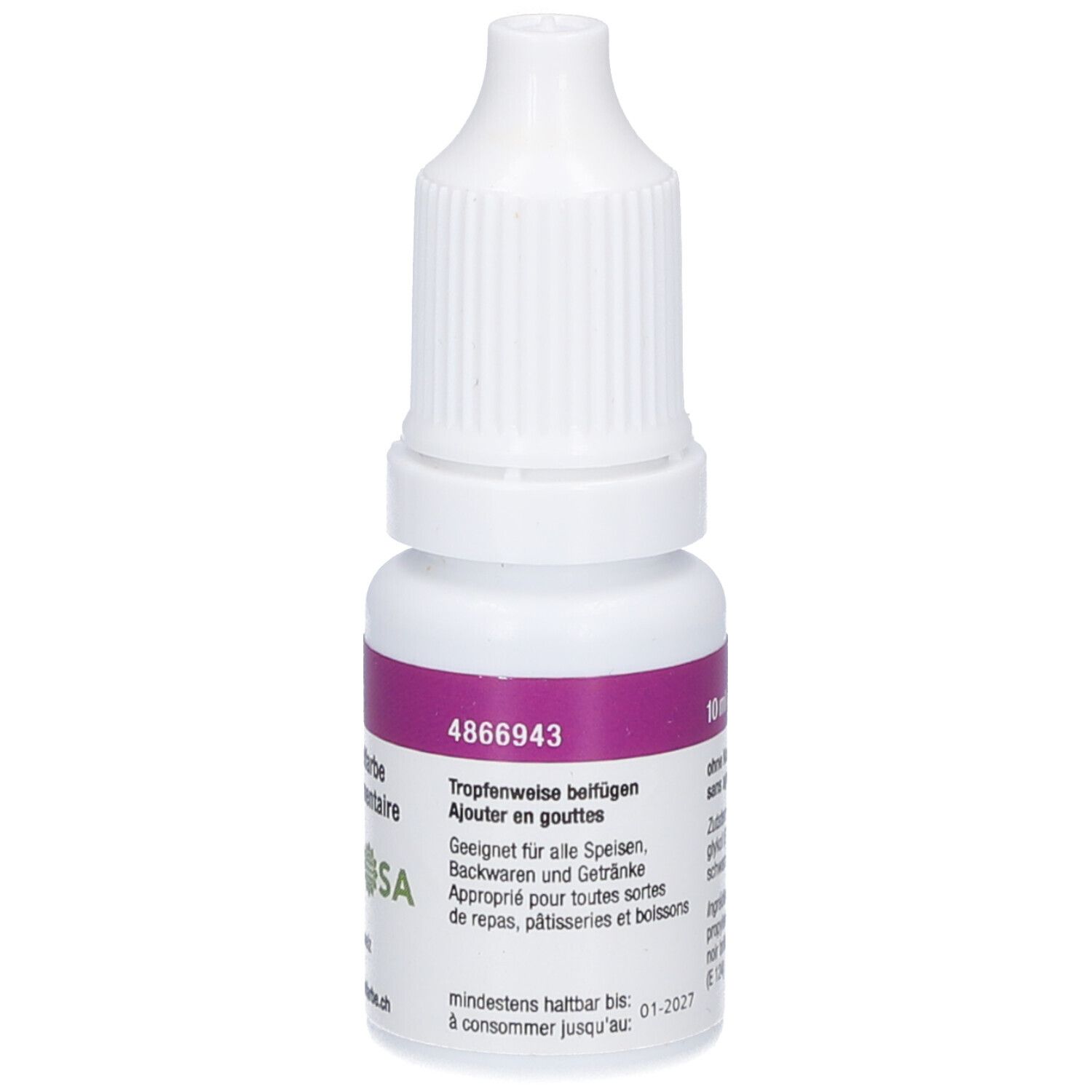Flacon blanc avec étiquette violette. Inscription : "4866943", "10 ml". Instructions d'utilisation.