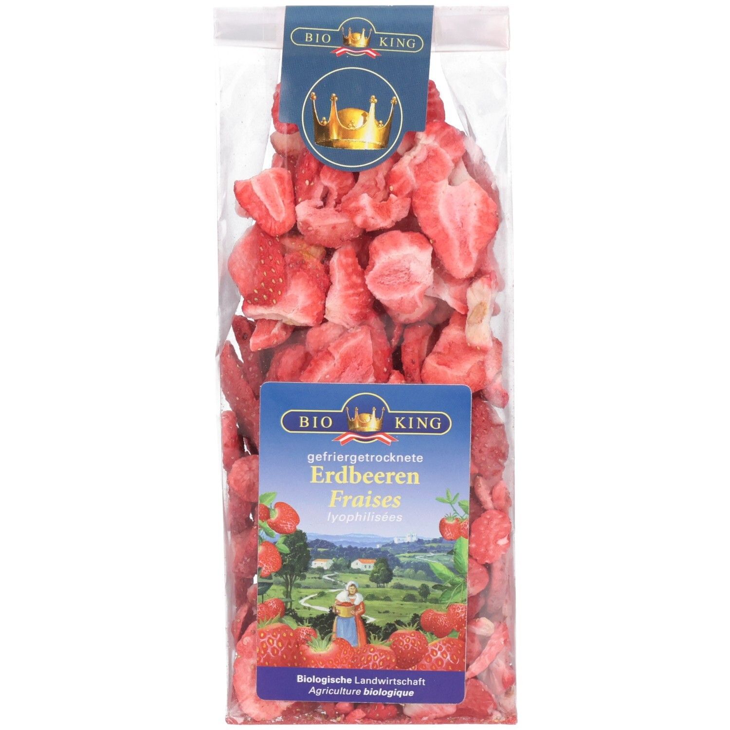 Gefriergetrocknete Erdbeeren im Beutel mit BIO KING Logo und Krone. Enthält ganze und geschnittene Früchte.