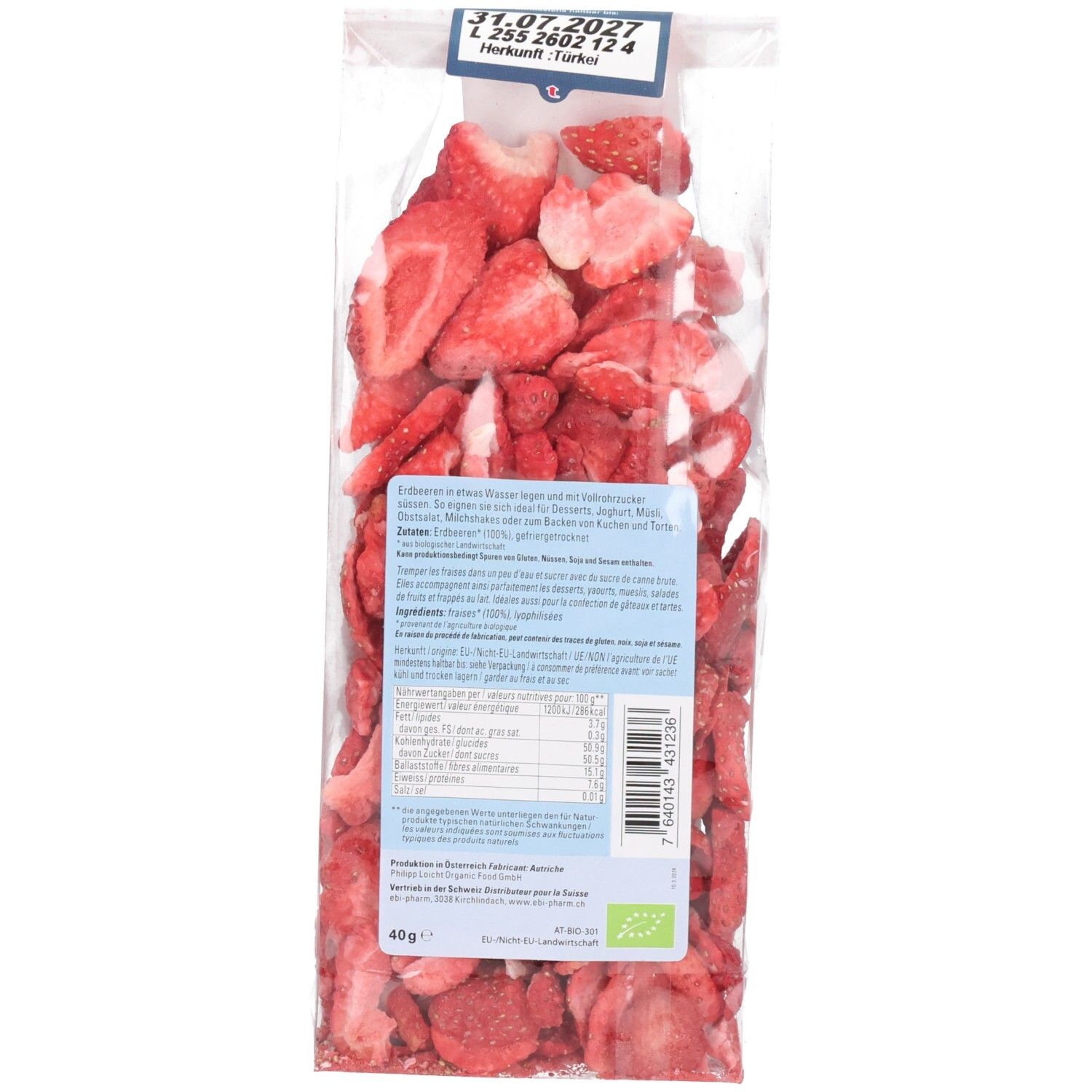 Rückseite eines Beutels gefriergetrockneter Erdbeeren. Enthält Nährwertangaben und Bio-Siegel.