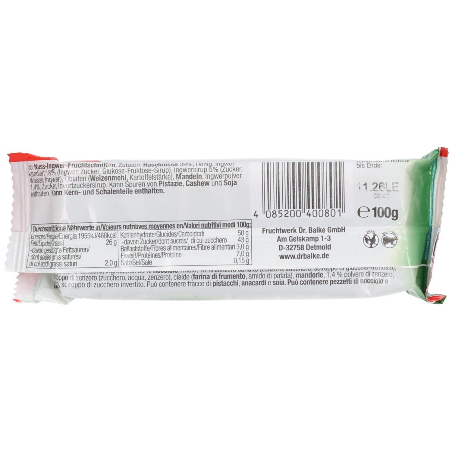 Dos de l'emballage Ingwer-Honig. Contient du texte, un code-barres et des informations sur le fabricant. Design vert et blanc.