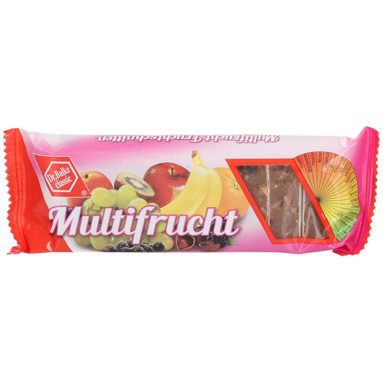 Verpackung mit "Multifrucht"-Riegel. Rosa-weißes Design mit Früchten und Logo "Dr. Balke classic".