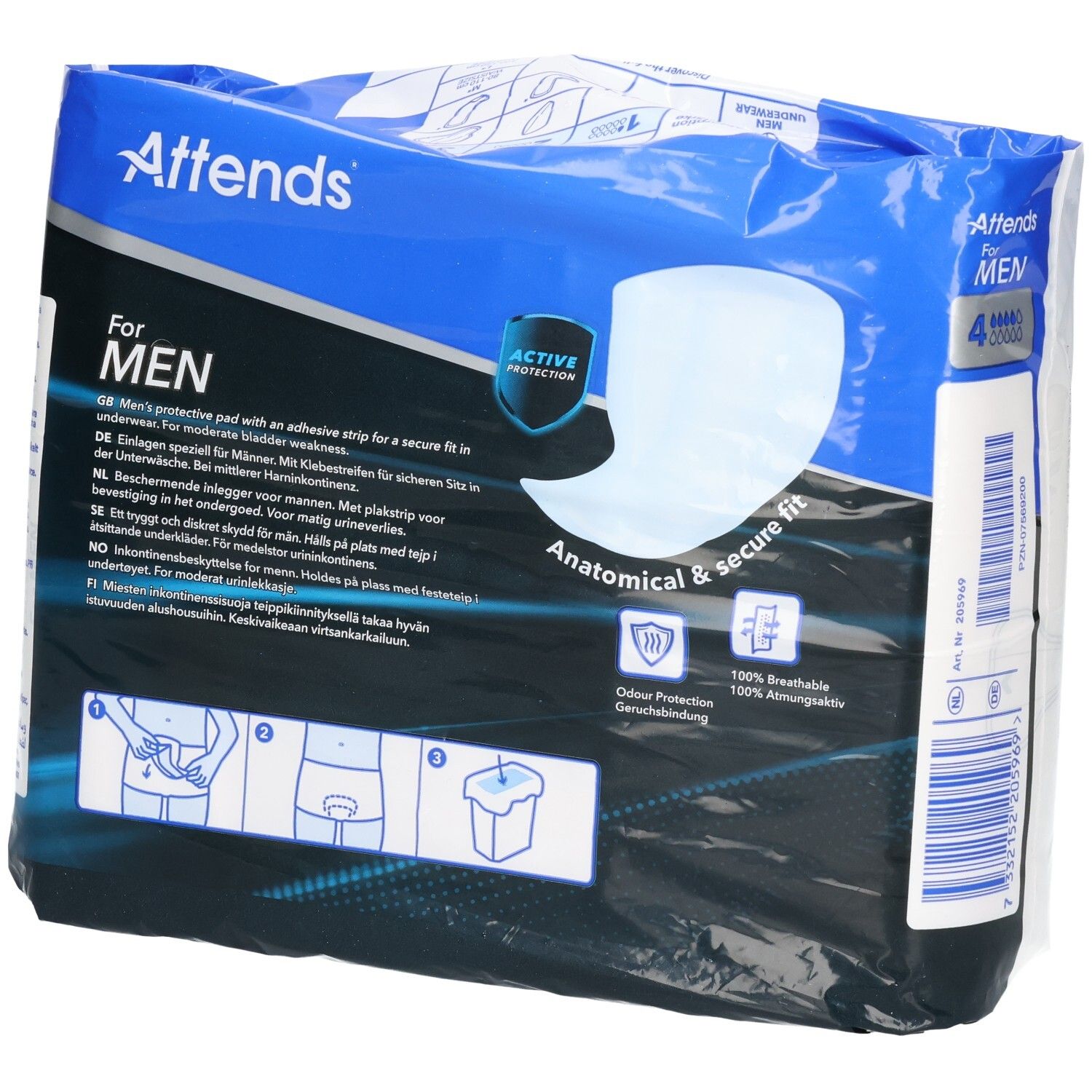 Attends For Men Inkontinenz-Pads mit Klebestreifen, für Männer, anatomische Passform.