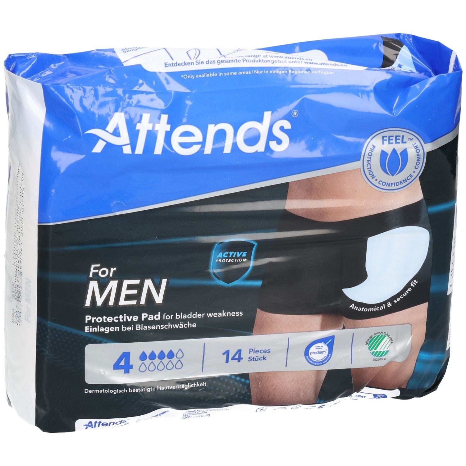 Verpackung Attends For Men Schutz-Einlagen bei Blasenschwäche, 14 Stück.