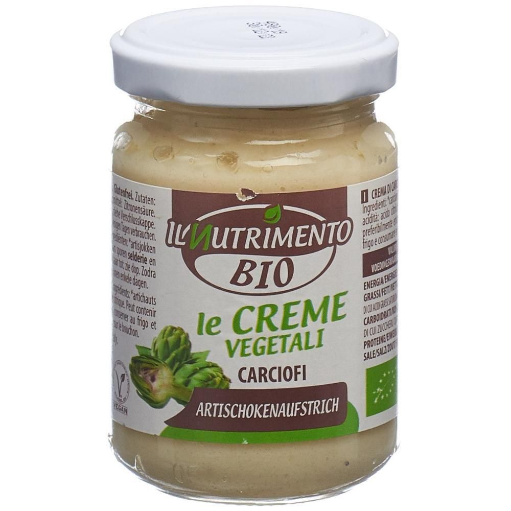 Pot de crème d'artichauts. Inscription : Il Nutrimento Bio, le Creme vegetali, Carciofi, Artischockenaufstrich. Label vegan.