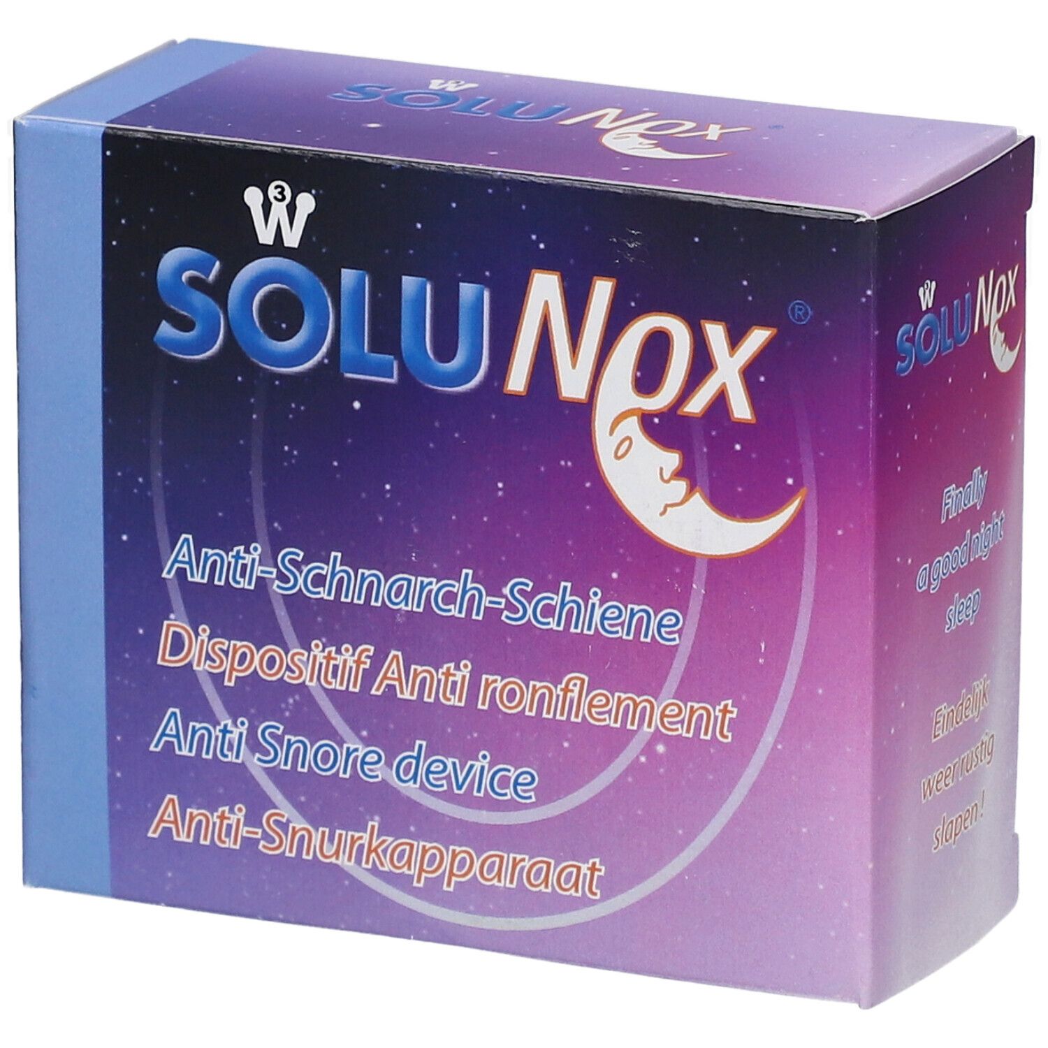 Boîte de SoluNox. Inscriptions: Anti-Schnarch-Schiene, Dispositif Anti ronflement, Anti Snore device, Anti-Snurkapparaat.