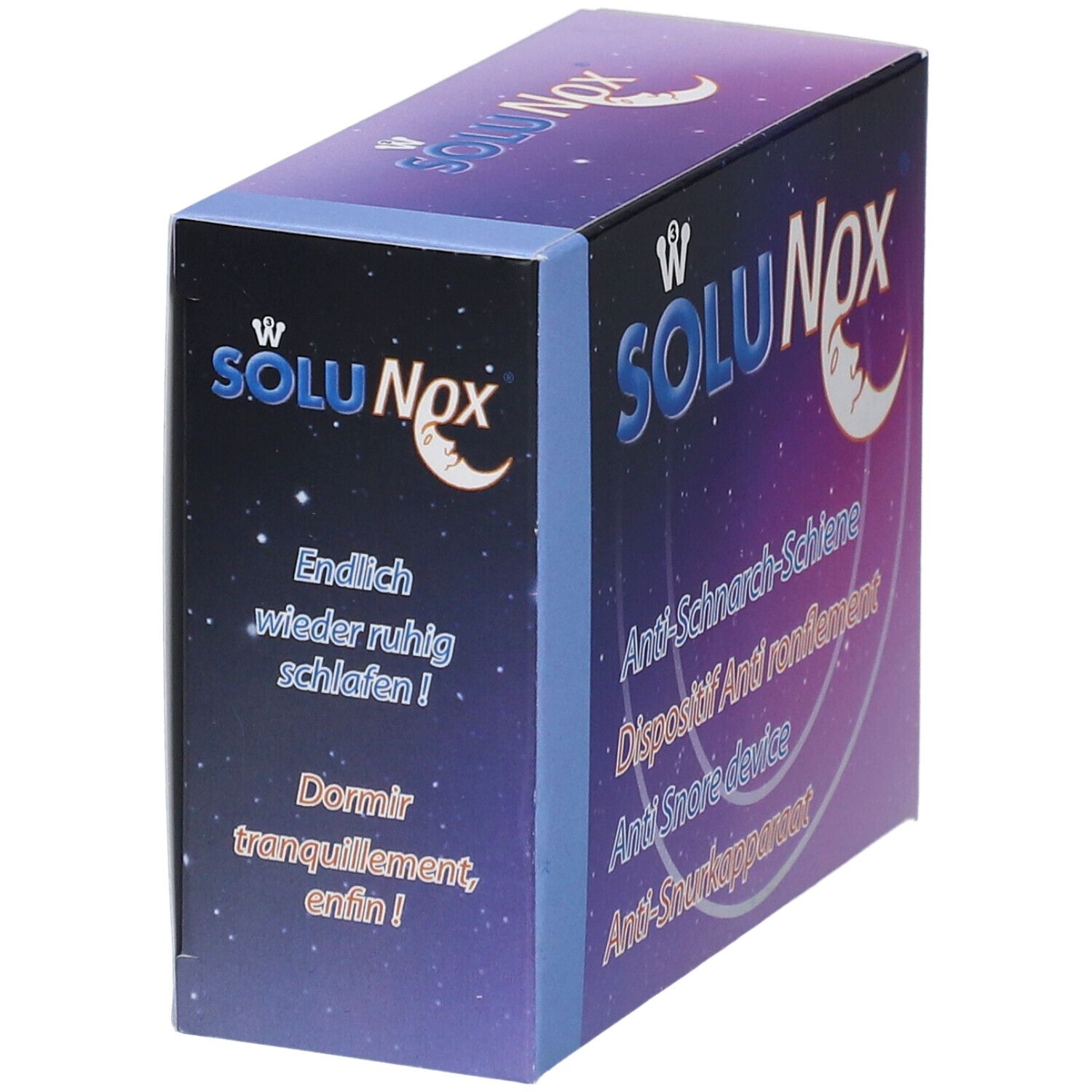 Boîte SoluNox. Inscriptions: Anti-Schnarch-Schiene, Dispositif Anti ronflement, Anti Snore device, Anti-Snurkapparaat. Texte: Dormir tranquillement, enfin!