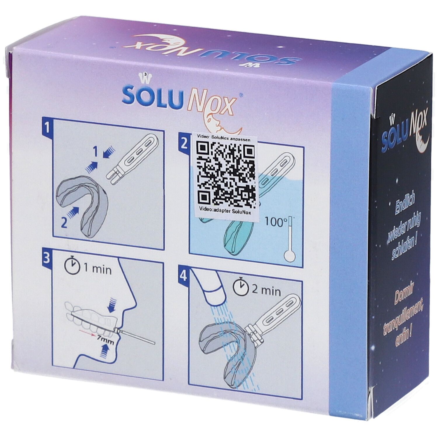 Dos de la boîte SoluNox. Illustrations d'utilisation: chauffer, ajuster, insérer. Code QR.