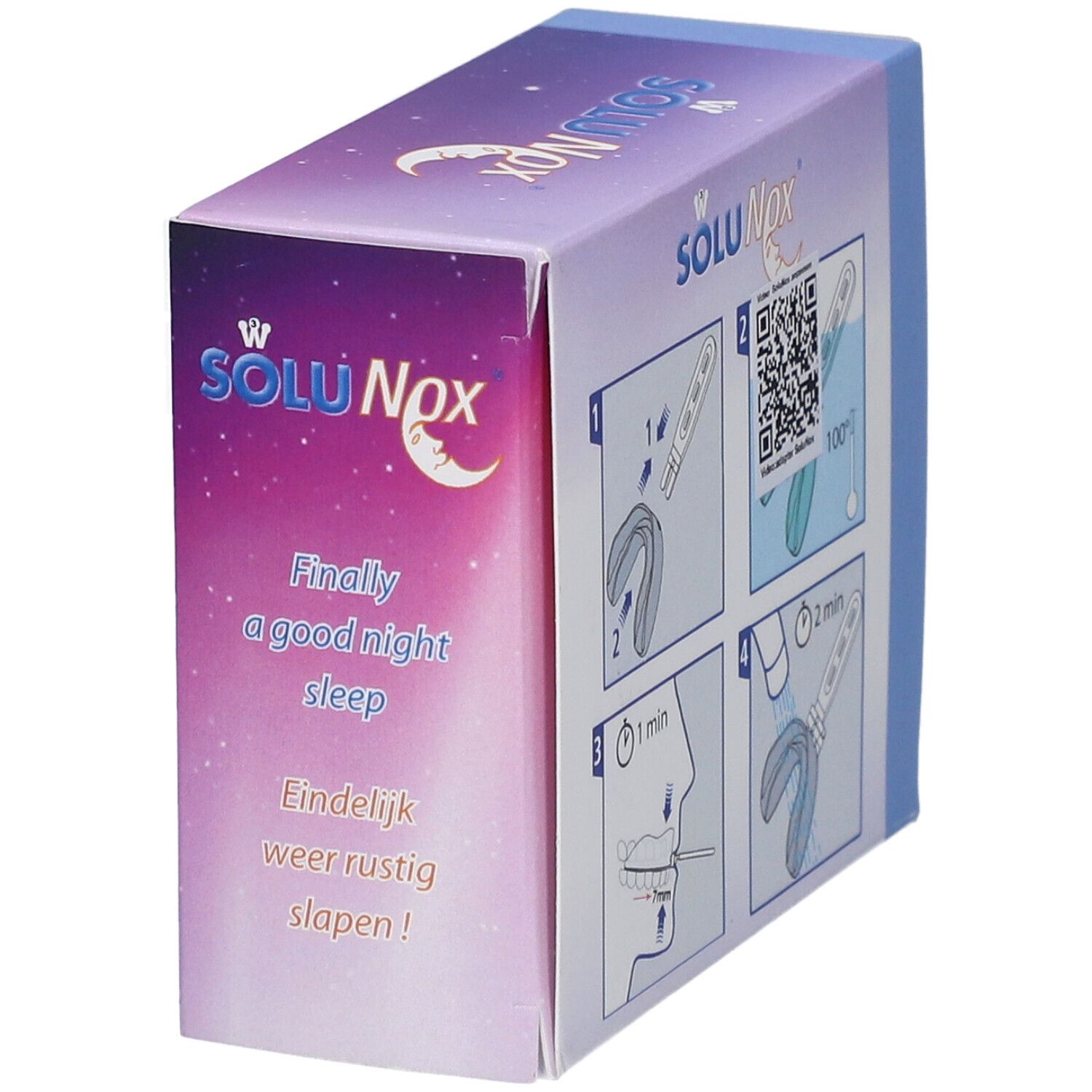 Boîte SoluNox. Inscriptions: Finally a good night sleep, Endelijk weer rustig slapen! Illustrations d'utilisation.