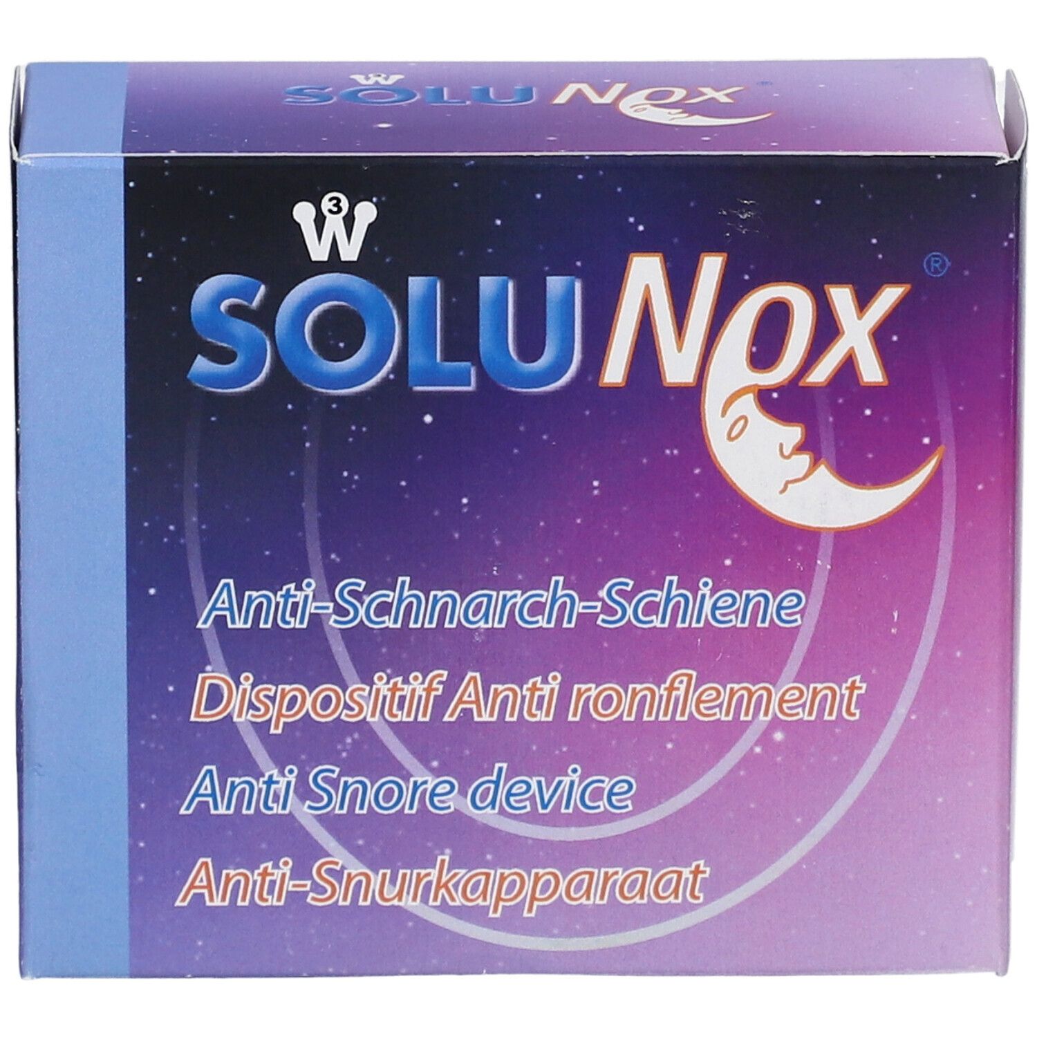 Boîte SoluNox. Inscriptions: Anti-Schnarch-Schiene, Dispositif Anti ronflement, Anti Snore device, Anti-Snurkapparaat.