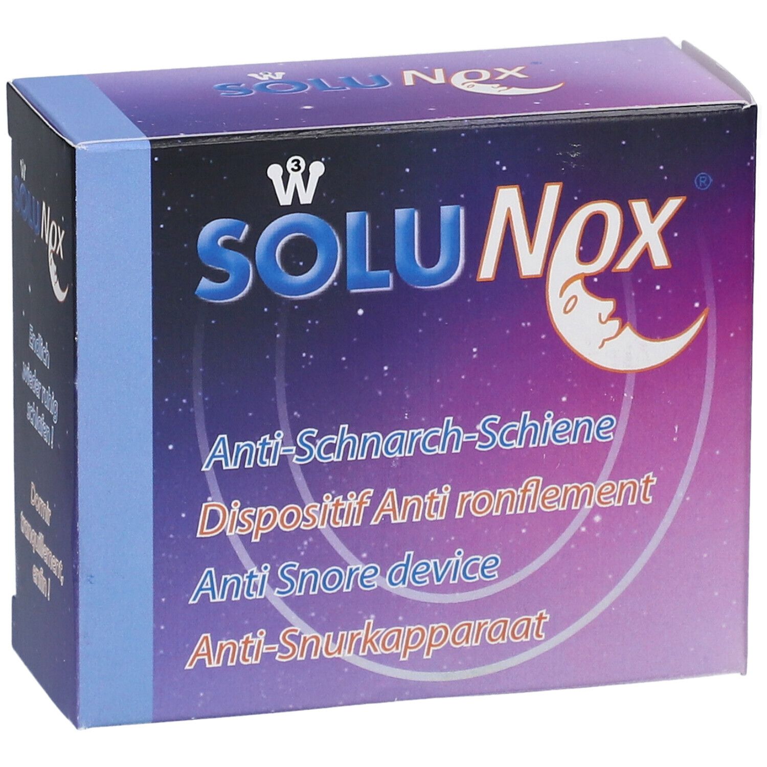 Boîte SoluNox. Inscriptions: Anti-Schnarch-Schiene, Dispositif Anti ronflement, Anti Snore device, Anti-Snurkapparaat.