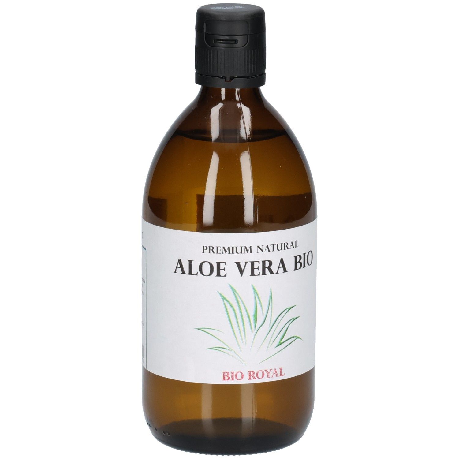 Braune Glasflasche mit schwarzem Deckel. Etikett mit "ALOE VERA BIO" und Logo. "BIO ROYAL" darunter.