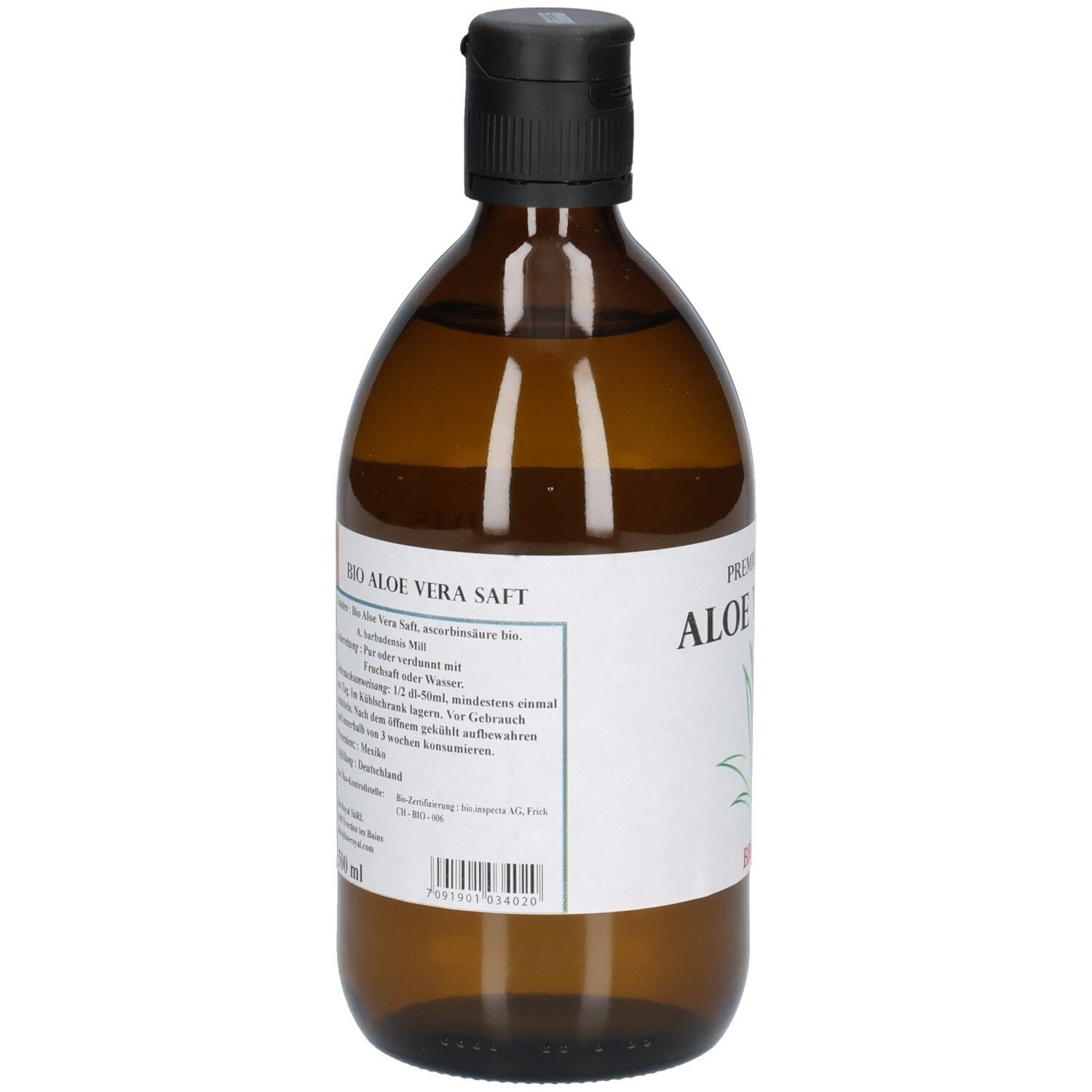 Braune Glasflasche mit schwarzem Deckel. Etikett mit Text und Barcode. "BIO ALOE VERA SAFT" sichtbar.