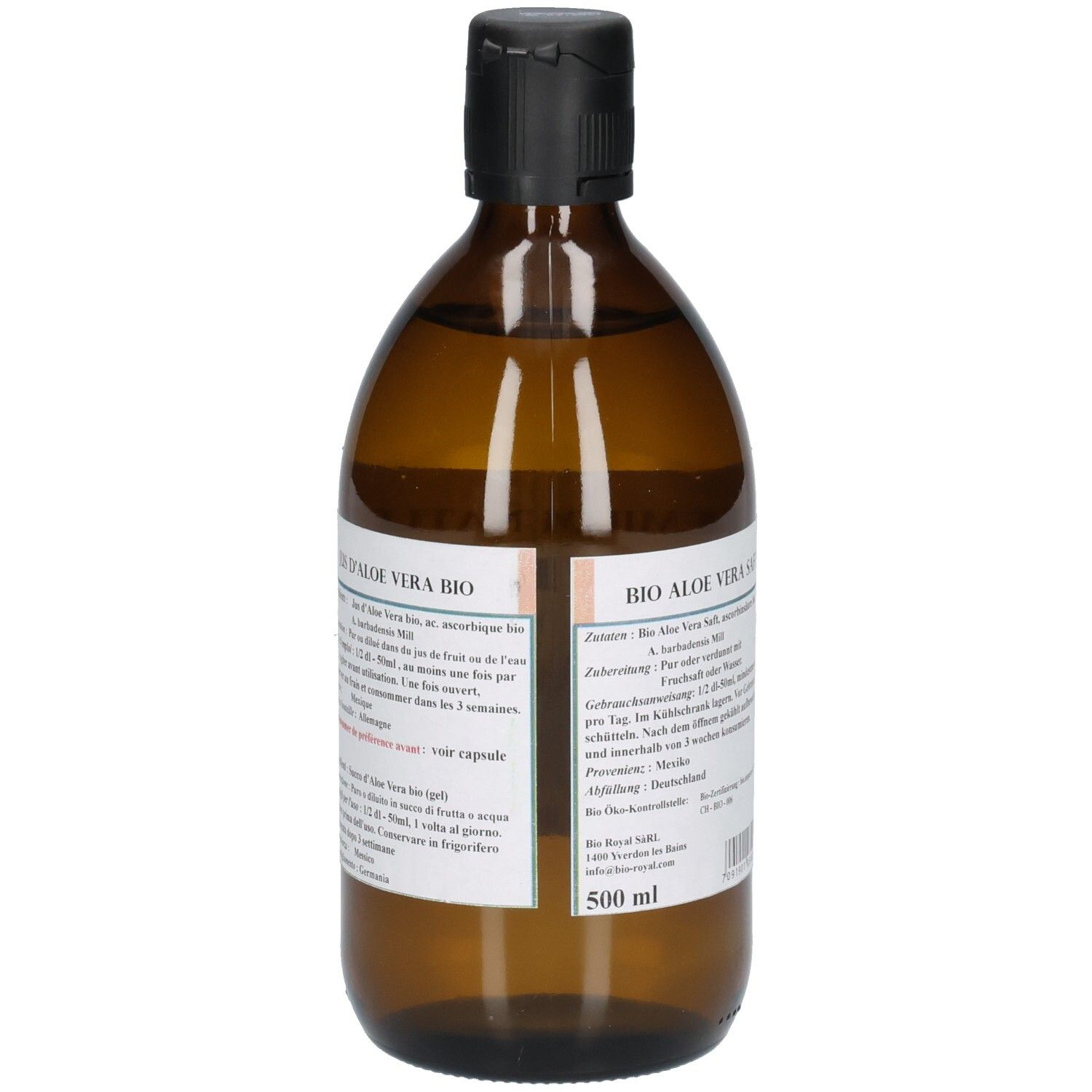 Braune Glasflasche mit schwarzem Deckel. Etikett mit Text in mehreren Sprachen. "BIO ALOE VERA BIO" und "500 ml" sichtbar.