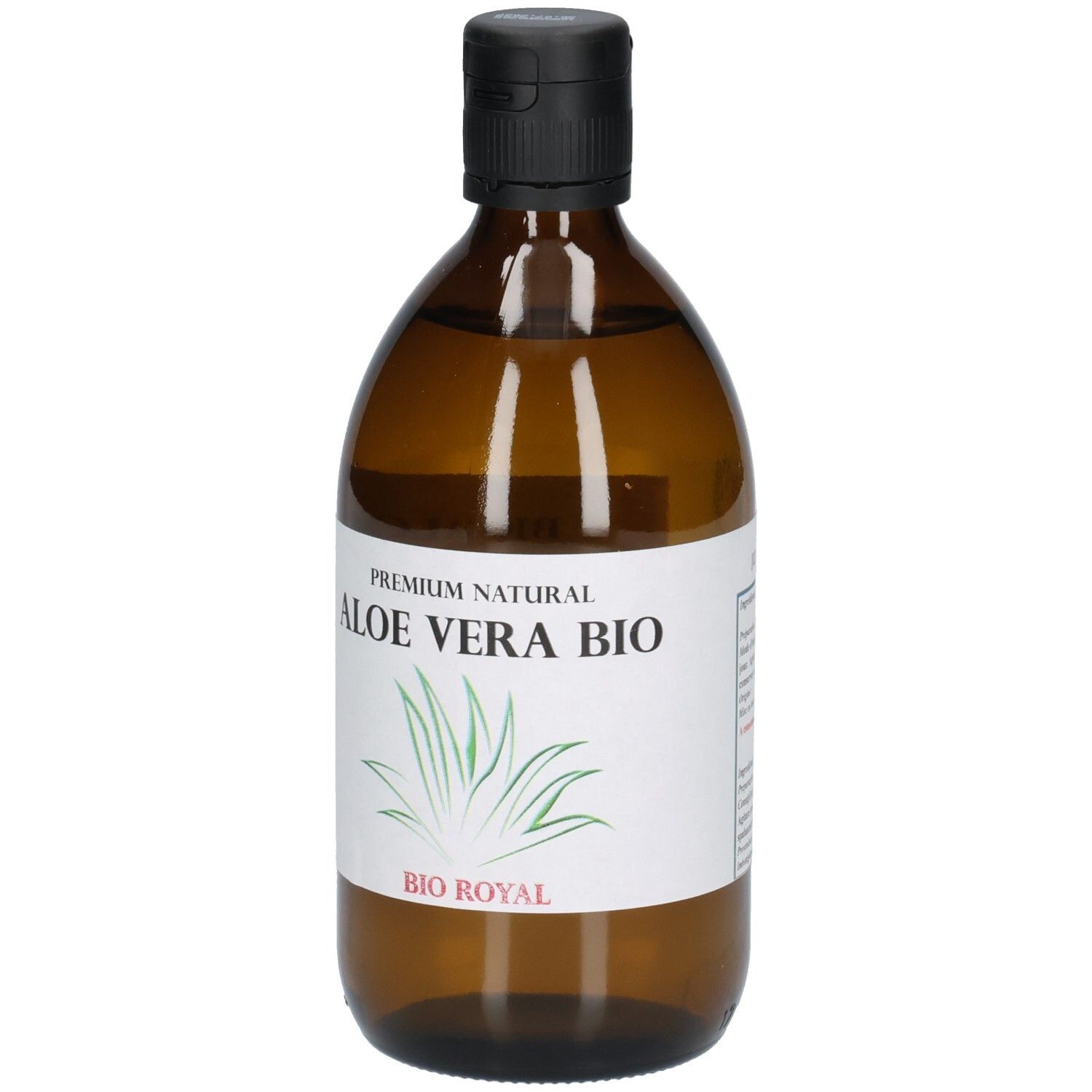 Braune Glasflasche mit schwarzem Deckel. Etikett mit "ALOE VERA BIO" und Logo. "BIO ROYAL" darunter.