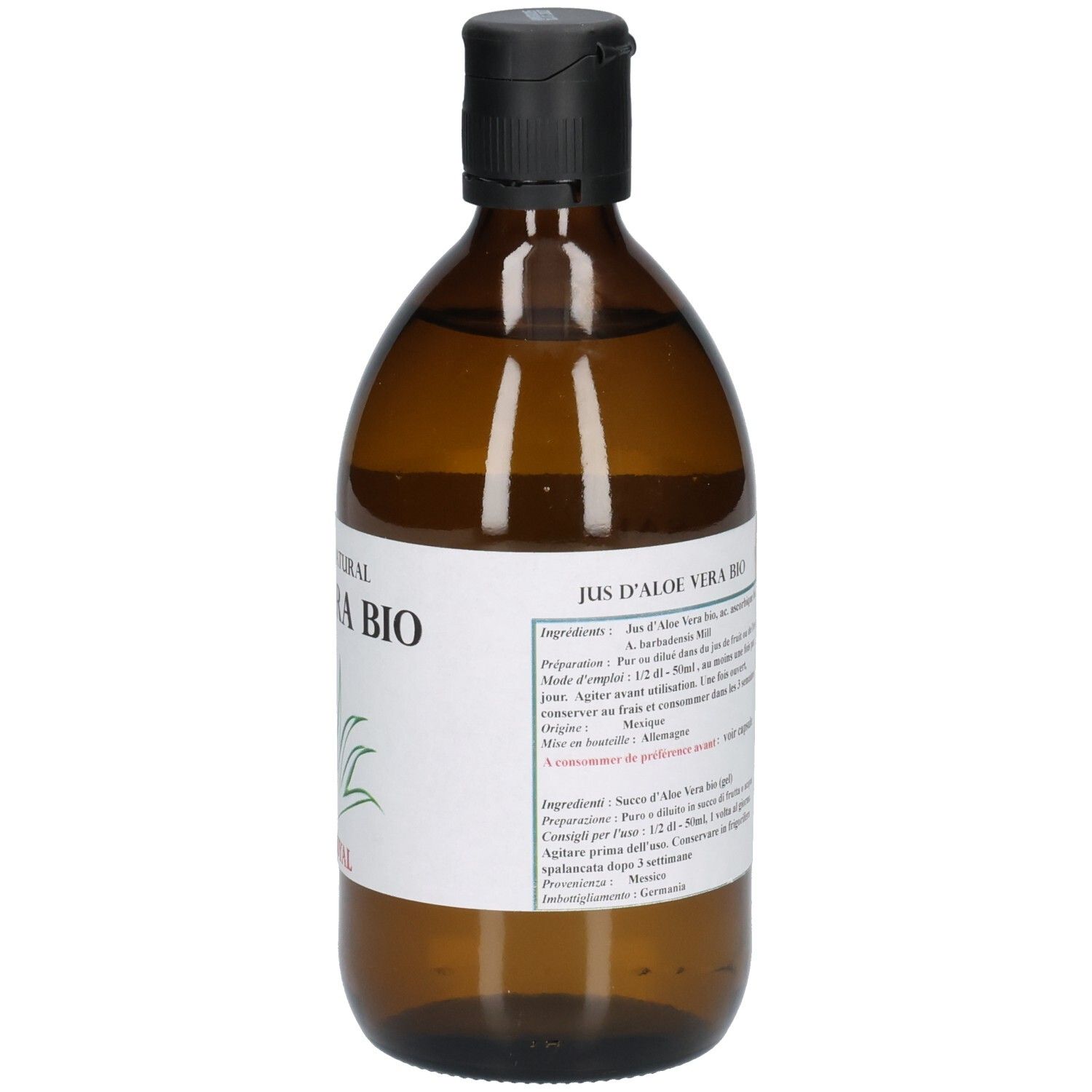 Braune Glasflasche mit schwarzem Deckel. Etikett mit Text in mehreren Sprachen. "JUS D'ALOE VERA BIO" sichtbar.