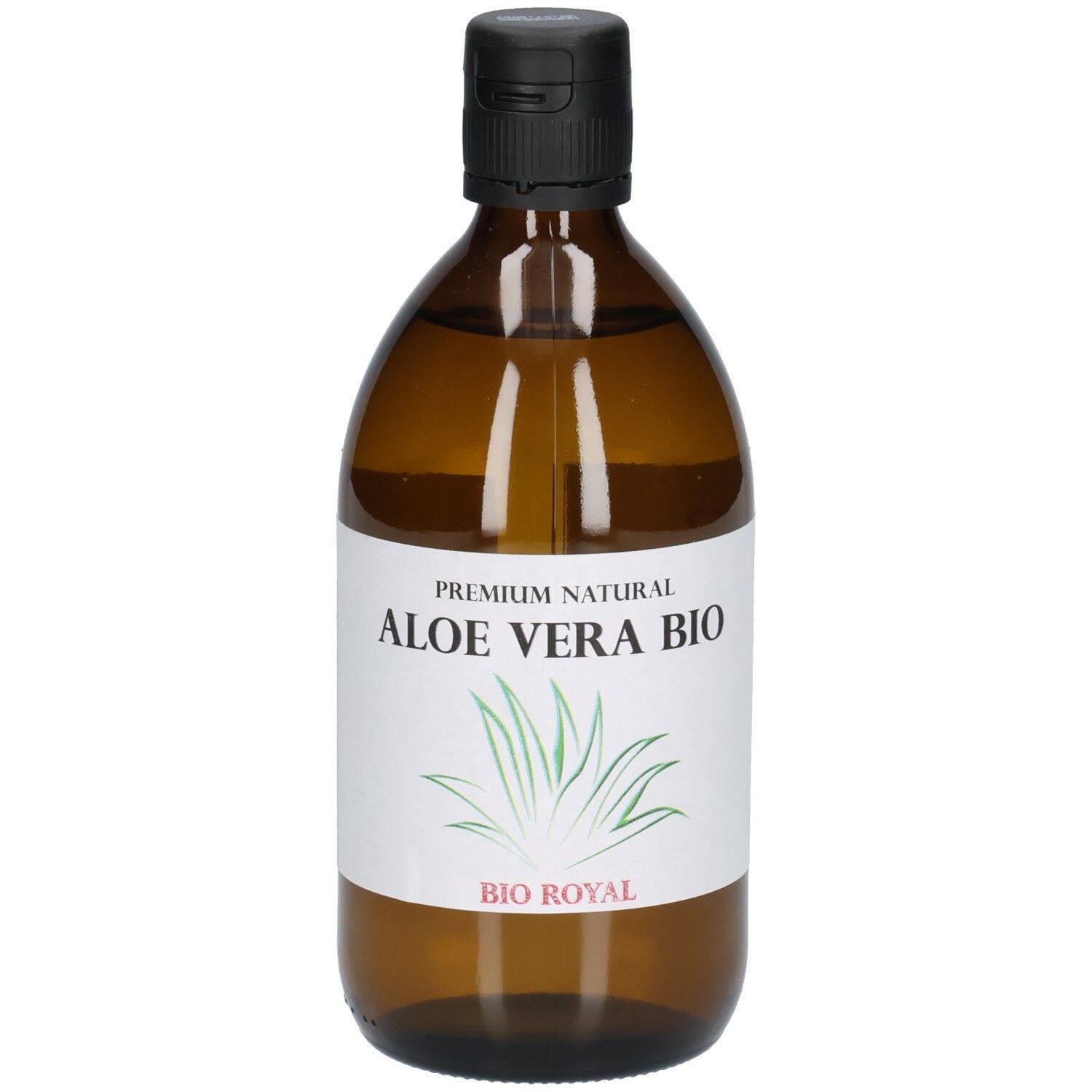 Braune Glasflasche mit schwarzem Deckel. Etikett mit "ALOE VERA BIO" und Logo. "BIO ROYAL" darunter.