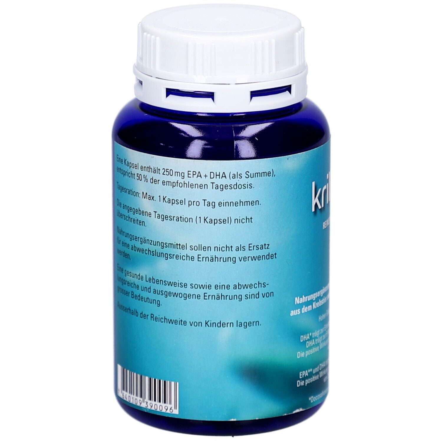 Dos du flacon bleu. Texte en allemand. Contient 250mg EPA + DHA. Instructions d'utilisation et de stockage.