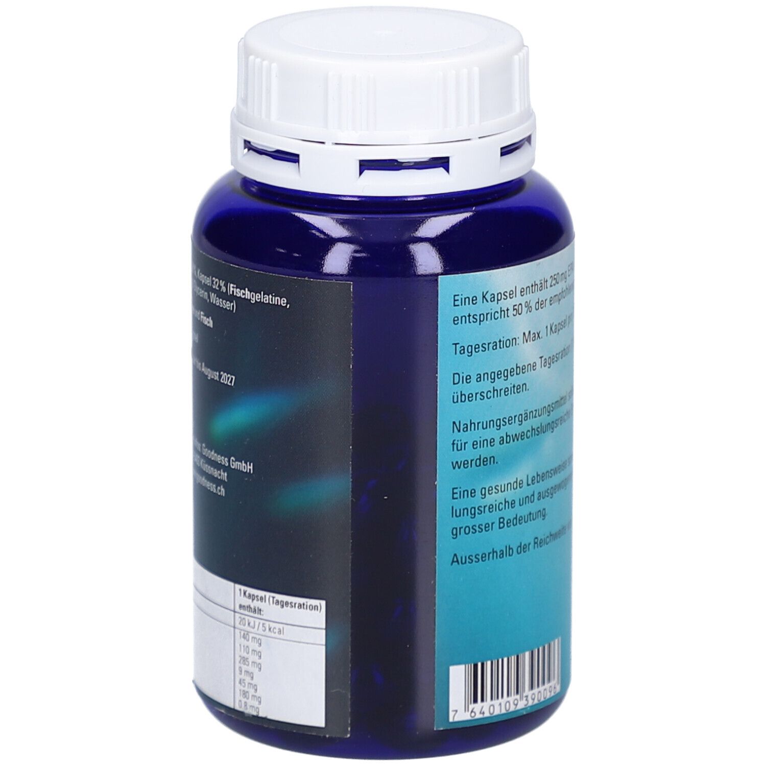 Dos du flacon bleu. Texte en allemand. Informations sur les ingrédients et la valeur nutritionnelle. Date de péremption.