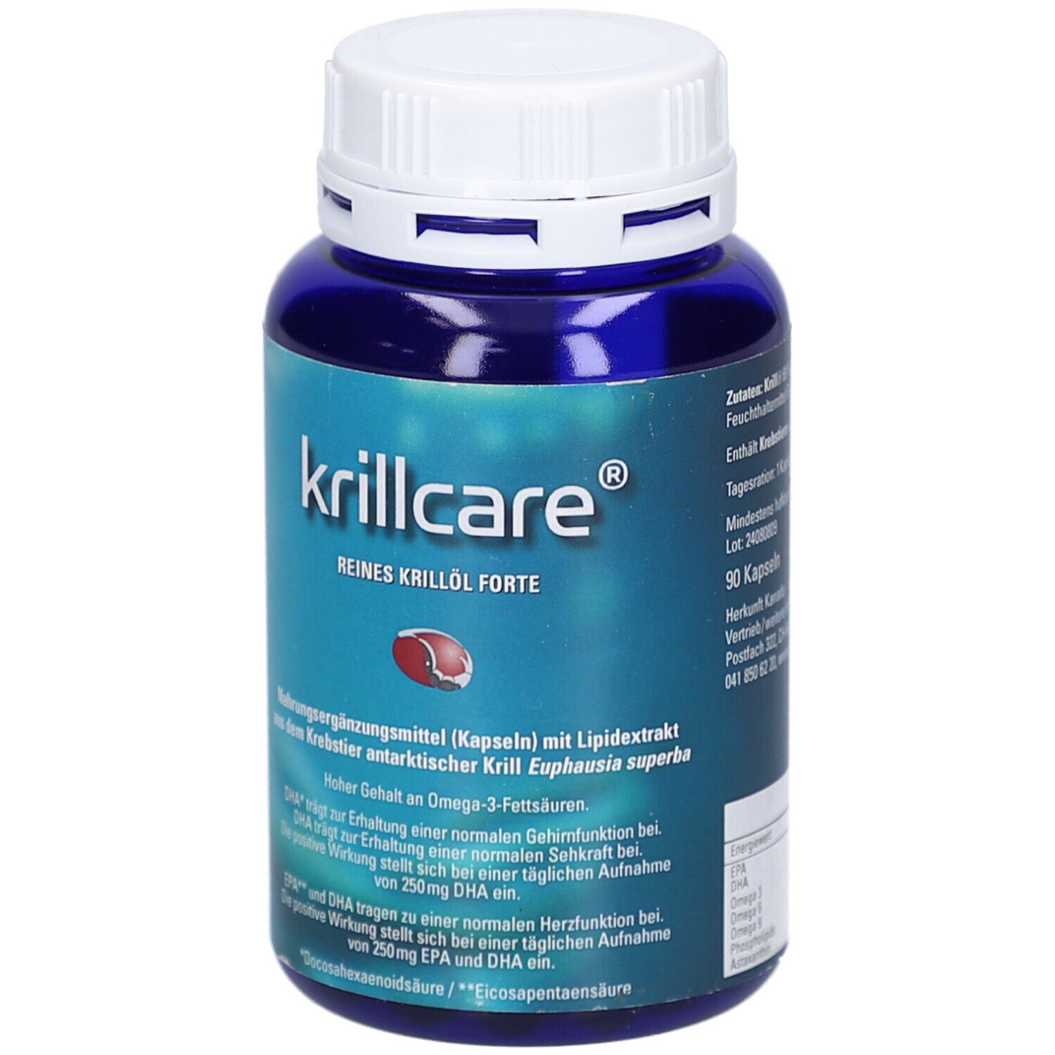 Flacon bleu avec bouchon blanc. Inscription: krillcare, huile de krill pure forte. Image de capsule rouge. Texte en allemand.