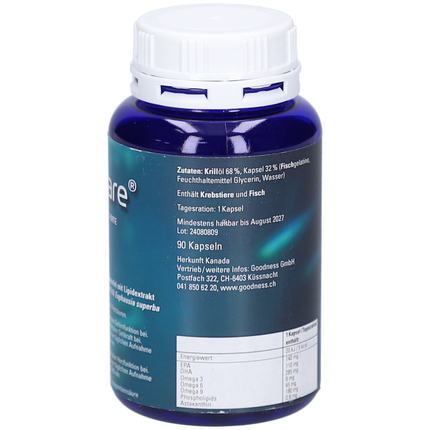 Dos du flacon bleu. Texte en allemand. Informations sur les ingrédients, la valeur nutritionnelle et le fabricant.