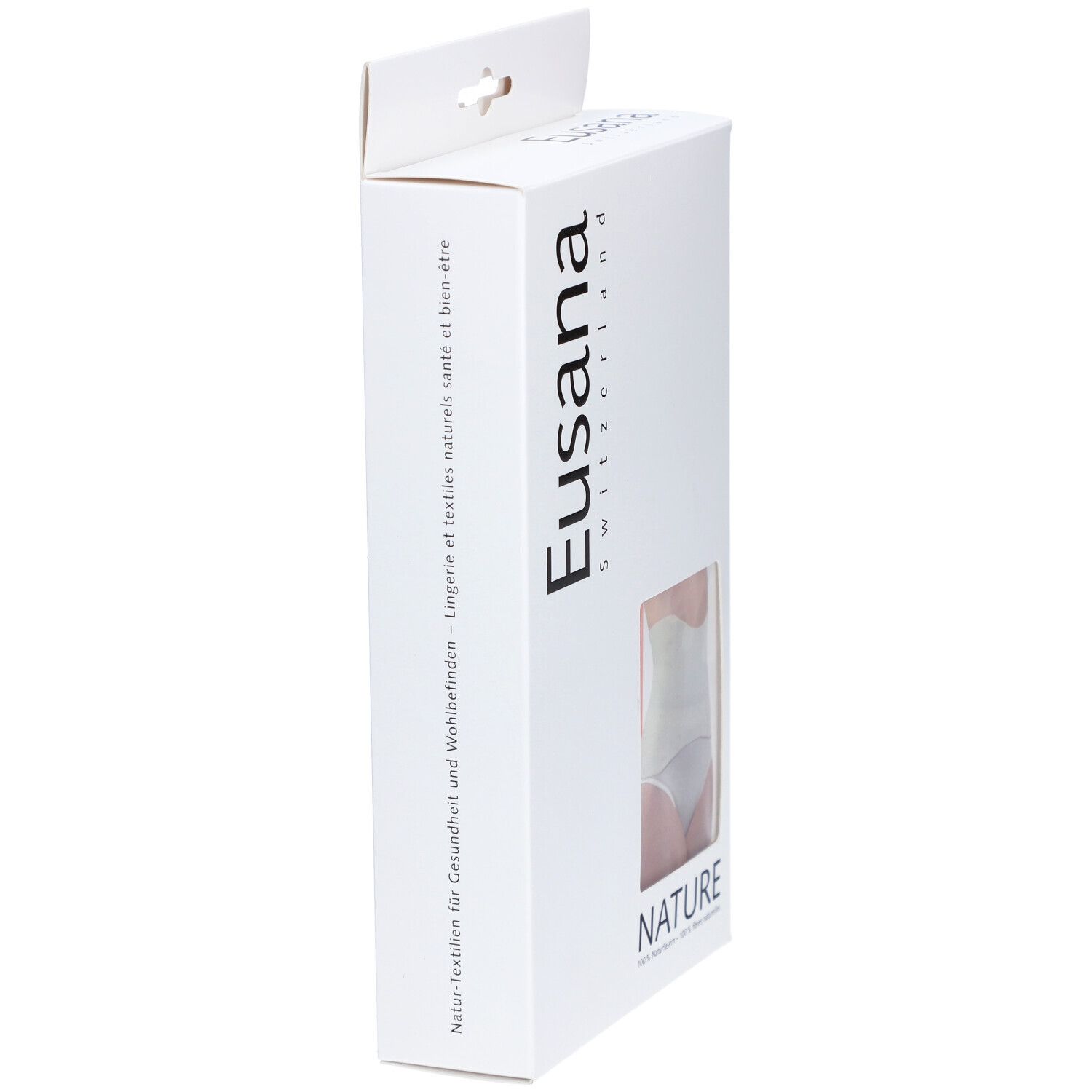 Verpackung, Seitenansicht. Marke Eusana. Text: Natur-Textilien für Gesundheit und Wohlbefinden.