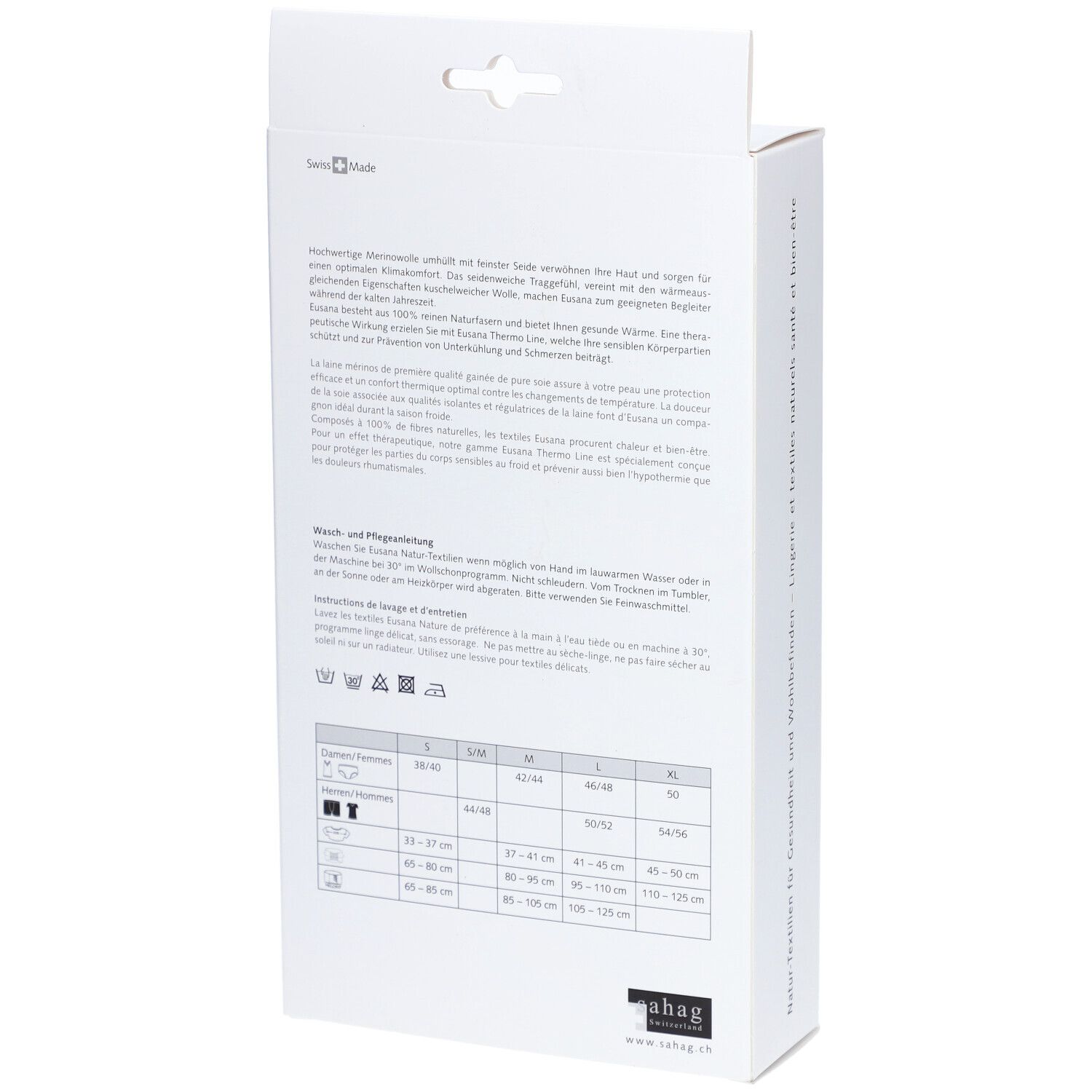 Rückseite der Verpackung. Text in Deutsch, Französisch, Italienisch. Größentabelle und Pflegehinweise.