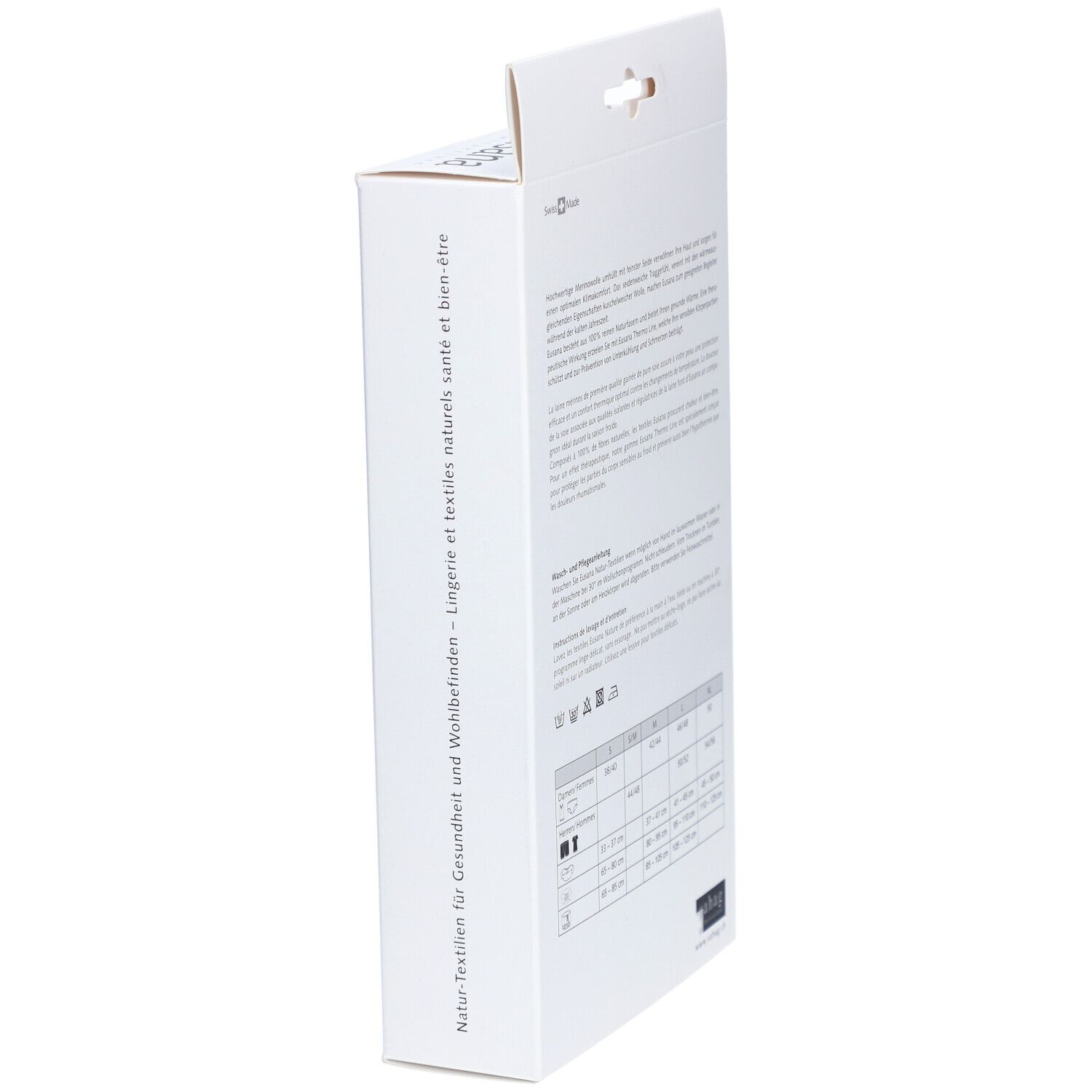 Verpackung, Seitenansicht. Text: Natur-Textilien für Gesundheit und Wohlbefinden. Größentabelle.