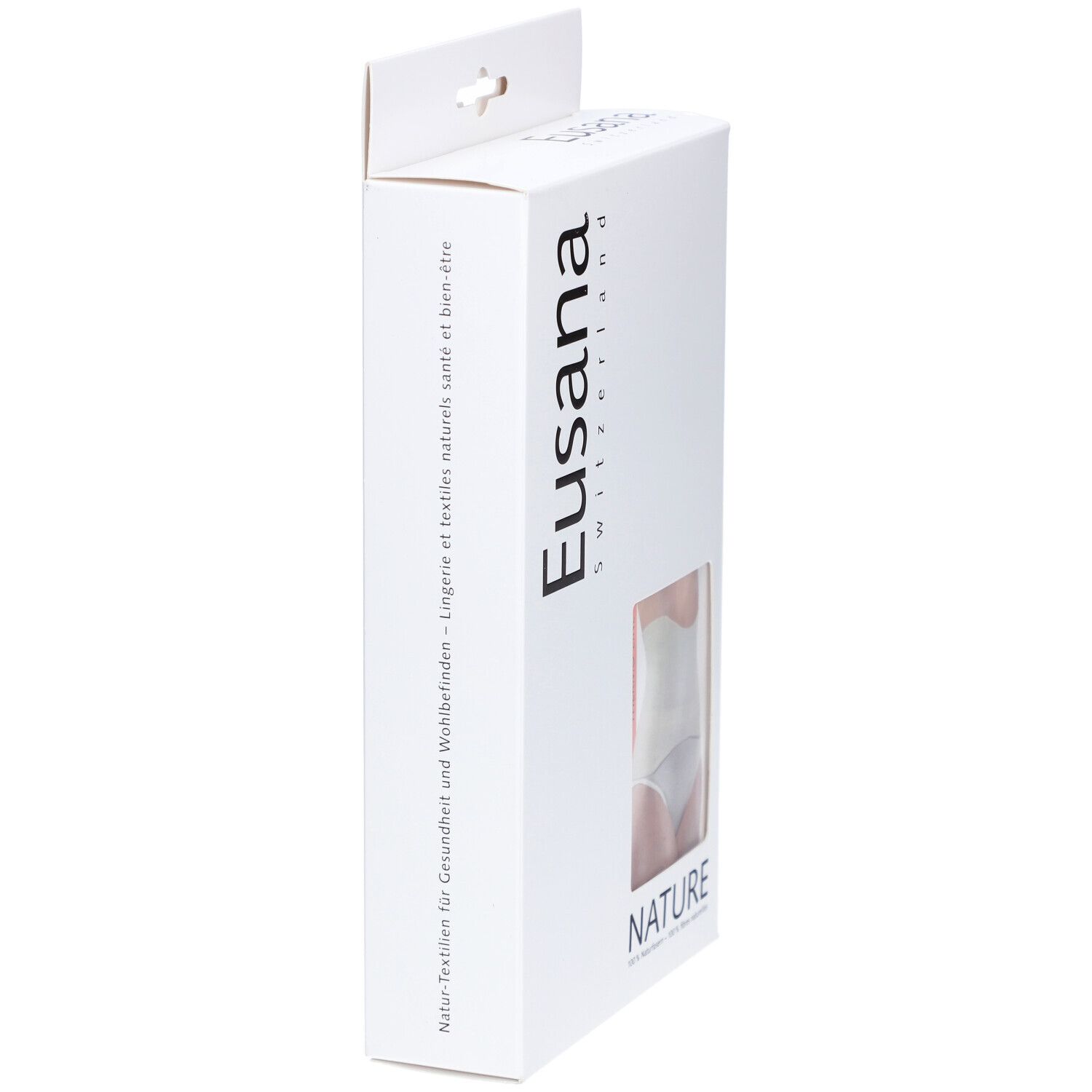 Vue latérale de l'emballage. Logo Eusana. Texte: Textiles naturels pour la santé et le bien-être.