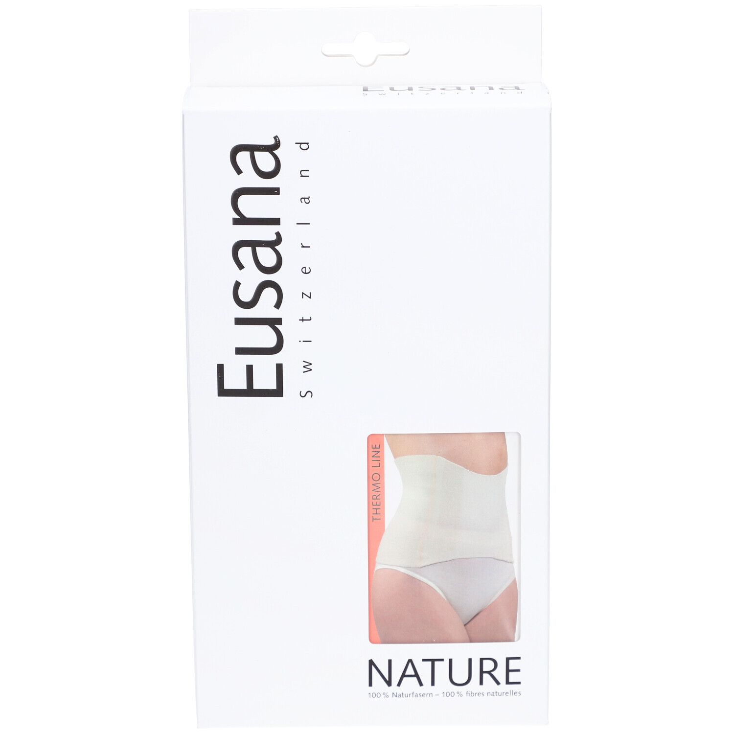 Emballage Eusana Nierenwärmer. Fenêtre montre le produit. Texte: Nature, Thermo Line.