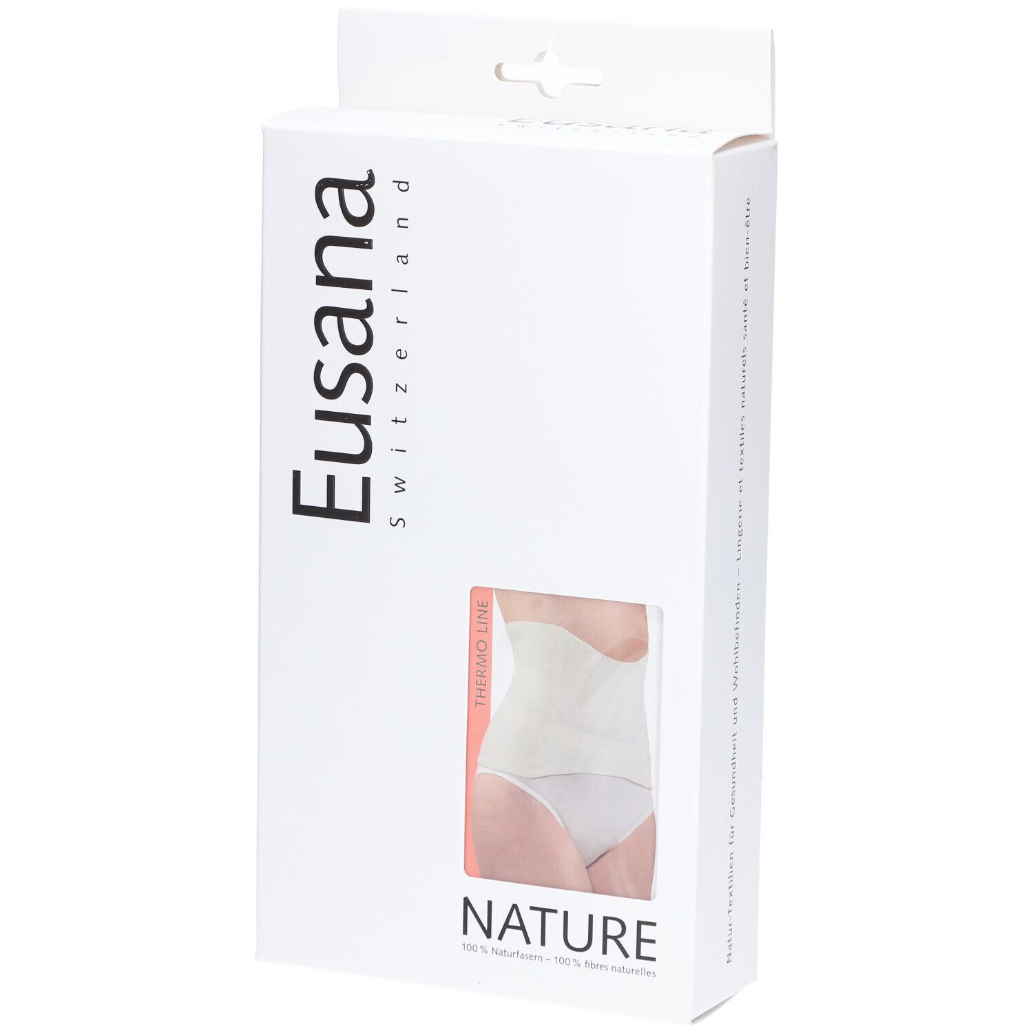 Weiße Produktverpackung mit Sichtfenster. Eusana-Logo und Produktabbildung. Text: NATURE, THERMO LINE.
