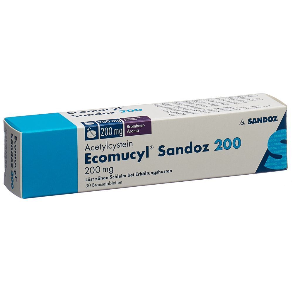 Verpackung von Ecomucyl Sandoz 200. Blaue und weiße Schachtel mit Produktnamen, Dosierung und Marke Sandoz.
