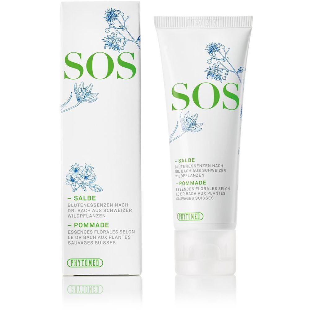 Weiße Tube und Schachtel mit grüner Aufschrift SOS. Produktbezeichnung: Salbe/Pommade. Marke: PHYTOMED.
