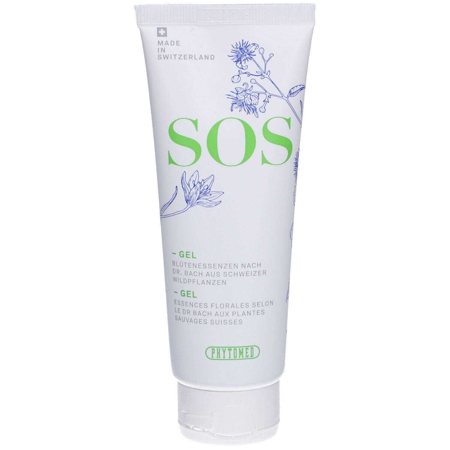 Weiße Tube mit grünem "SOS"-Schriftzug und floralen Illustrationen. Text: -Gel, Blütenessenzen nach Dr. Bach. Phytomed Logo.