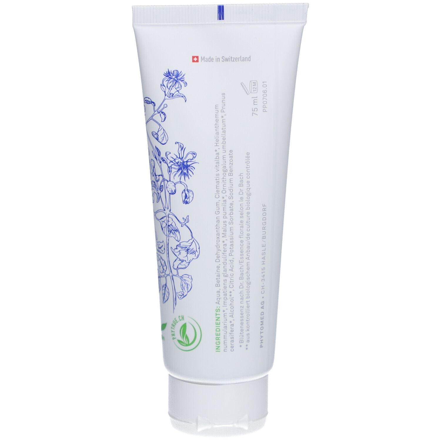Rückseite der weißen Tube. Text: Inhaltsstoffe, 75 ml, Phytomed Logo, Made in Switzerland. Florale Illustrationen.