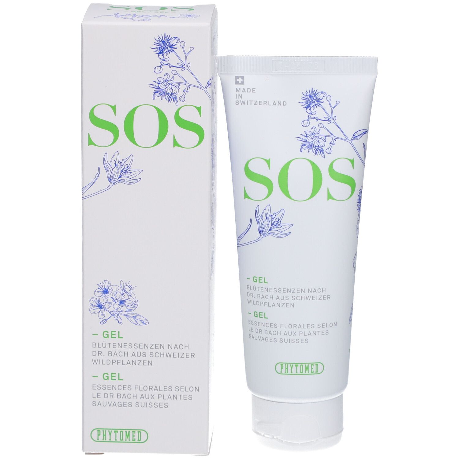 Produktverpackung: Tube und Schachtel. Schachtel mit "SOS"-Schriftzug, floralen Illustrationen und Text. Phytomed Logo.
