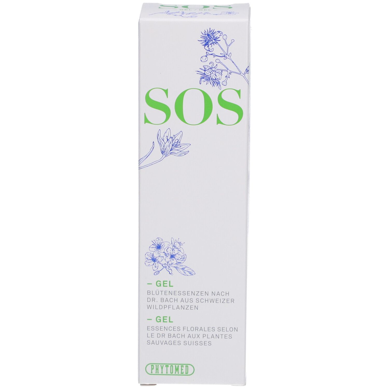Schachtel mit "SOS"-Schriftzug, floralen Illustrationen und Text. Text: -Gel, Blütenessenzen nach Dr. Bach. Phytomed Logo.