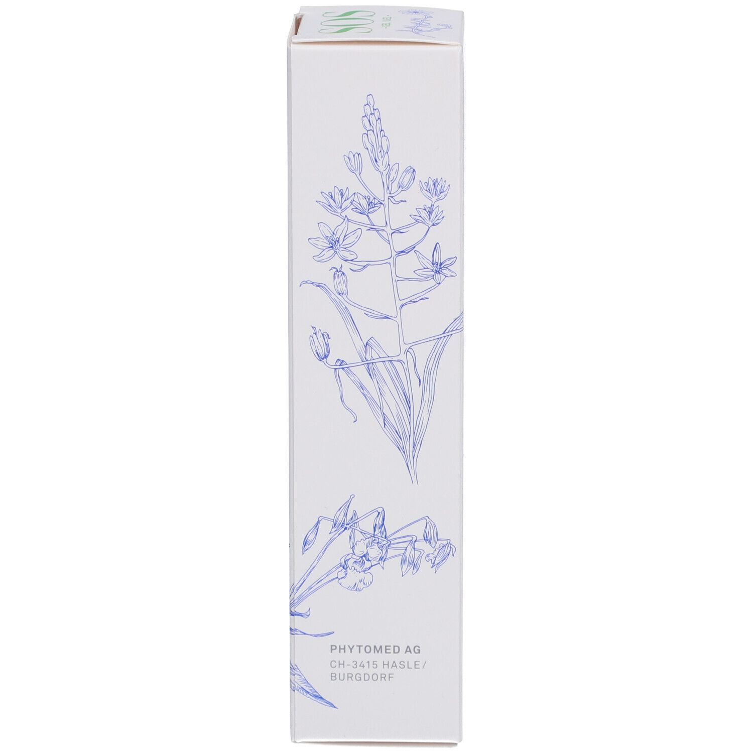 Schachtel-Seitenansicht. Florale Illustrationen und Text: Phytomed AG, CH-3475. Logo.