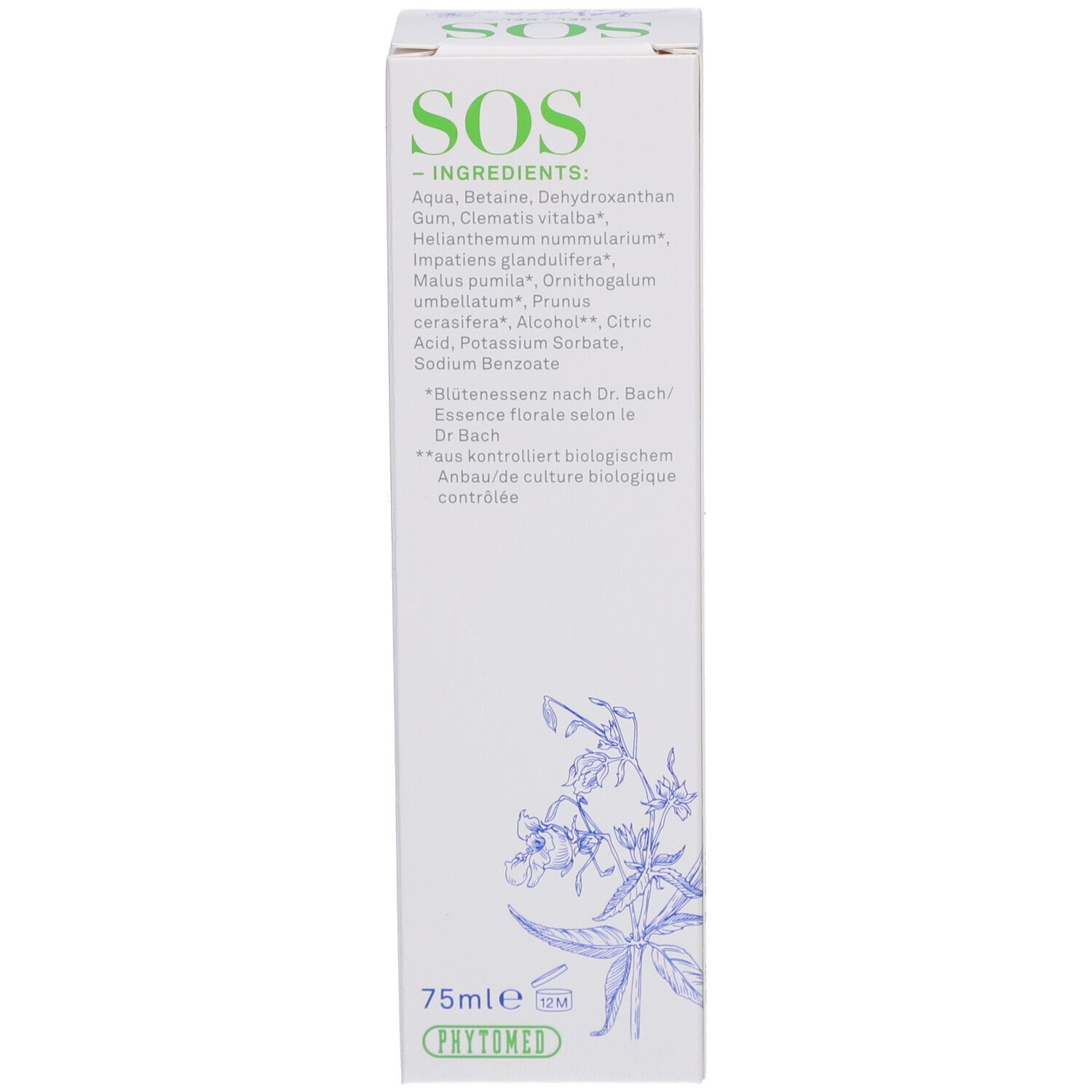 Schachtel-Seitenansicht. Text: Inhaltsstoffe, 75ml, Blütenessenzen nach Dr. Bach. Logo Phytomed. Biologische Kontrolle.