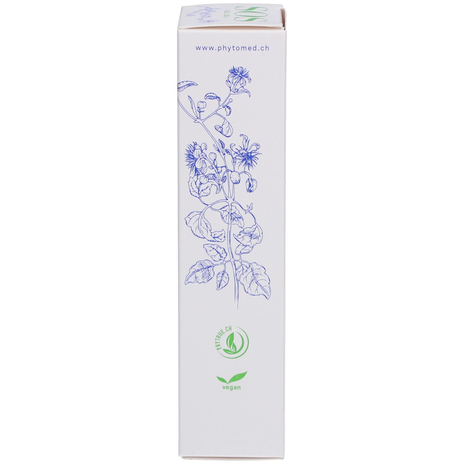 Schachtel-Seitenansicht. Florale Illustrationen, Text: www.phytomed.ch, vegan. Logo.
