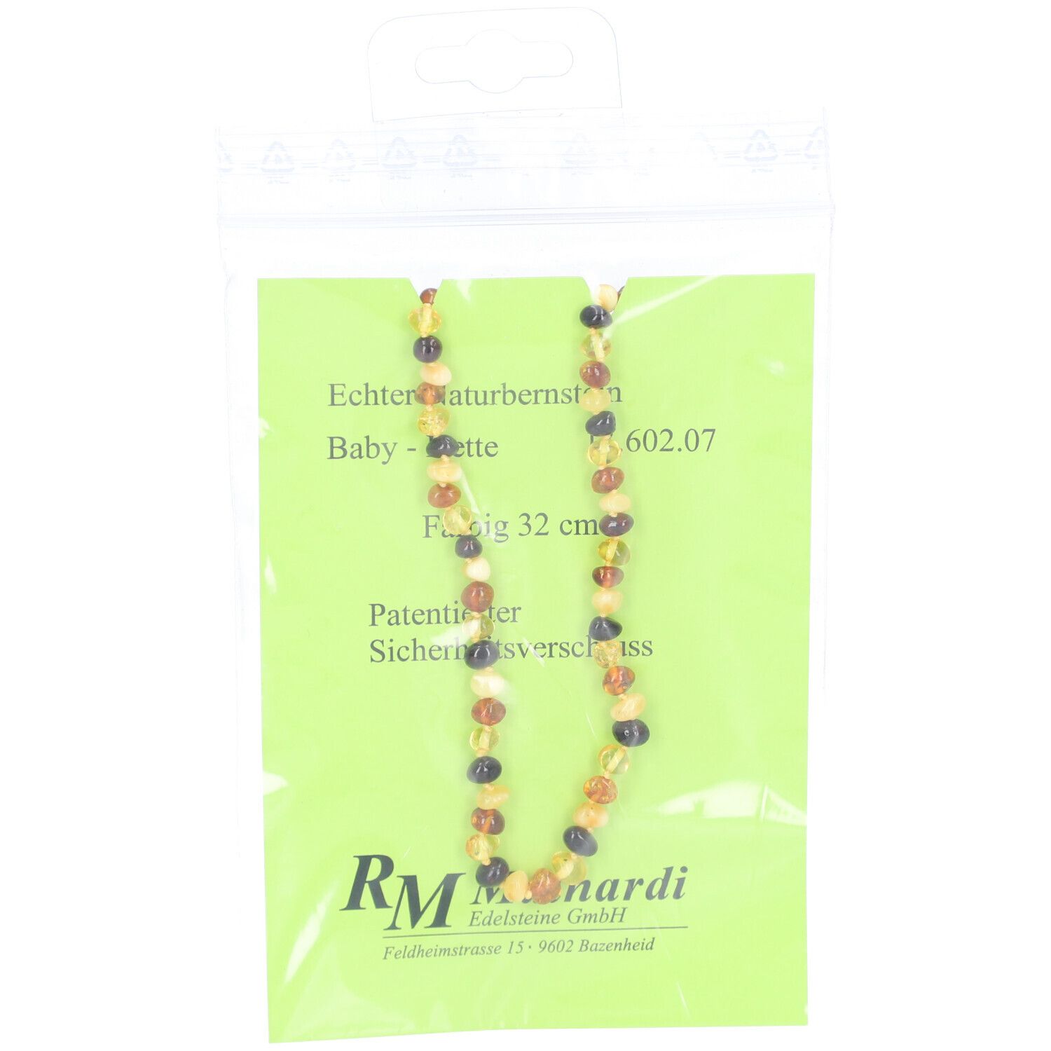 Bernsteinkette in Verpackung. Mehrfarbige Perlen, 32 cm. Aufschrift: RM Mainardi, Sicherheitsverschluss.