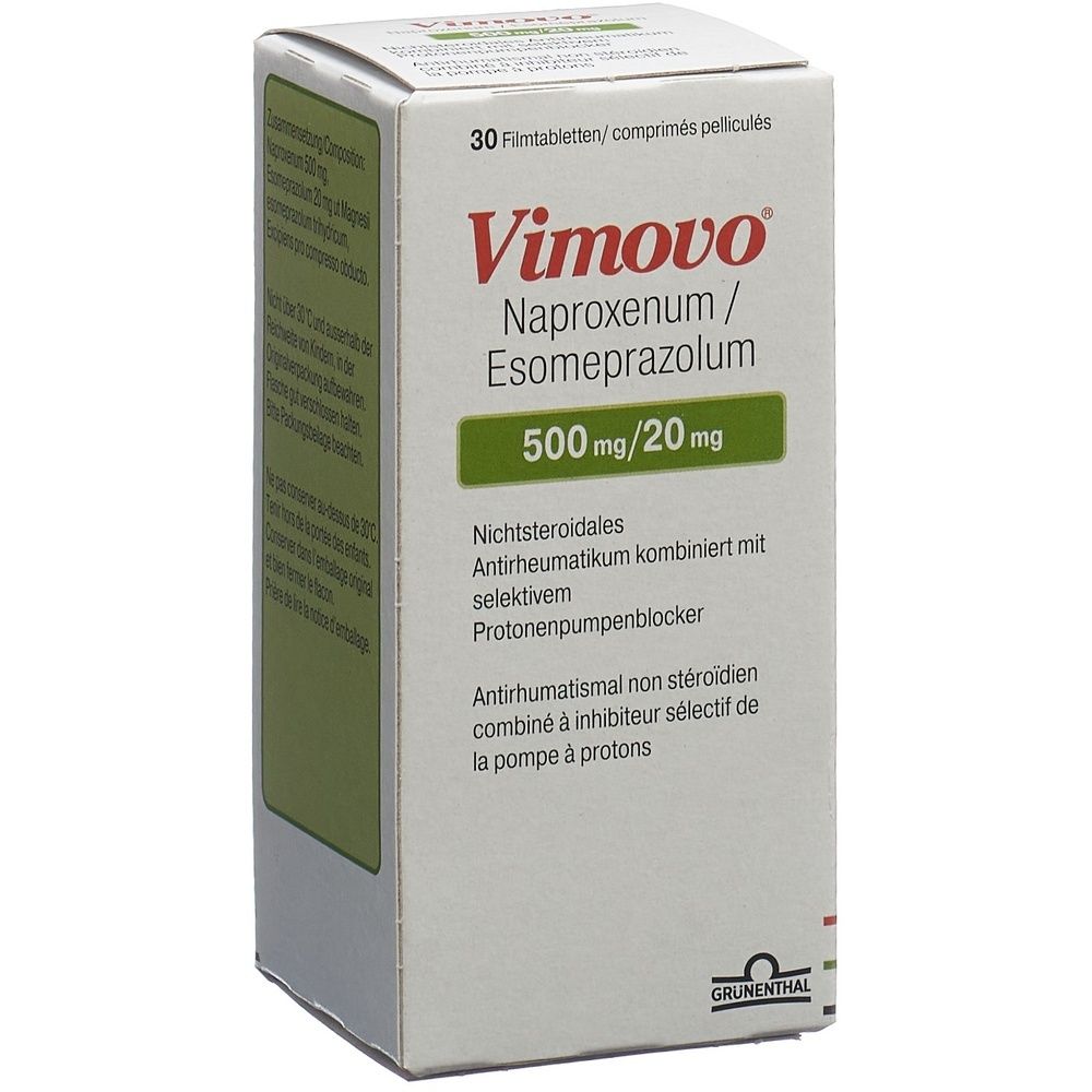 Boîte de VIMOVO. Inscription: Naproxenum/Esomeprazolum, 500mg/20mg. 30 comprimés pelliculés. Emballage vert et blanc.