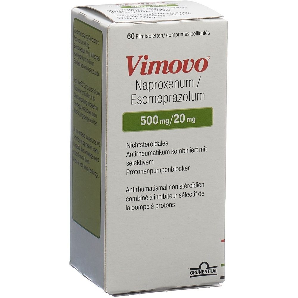 Boîte de Vimovo. Contient 60 comprimés pelliculés. Inscription : Naproxenum/Esomeprazolum, 500mg/20mg. Emballage vert et blanc.