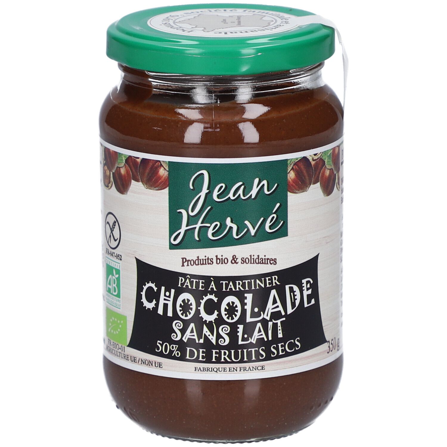 Pot de pâte à tartiner chocolat sans lait. Couvercle vert, étiquette "Jean Hervé". Label AB. 50% de fruits secs.