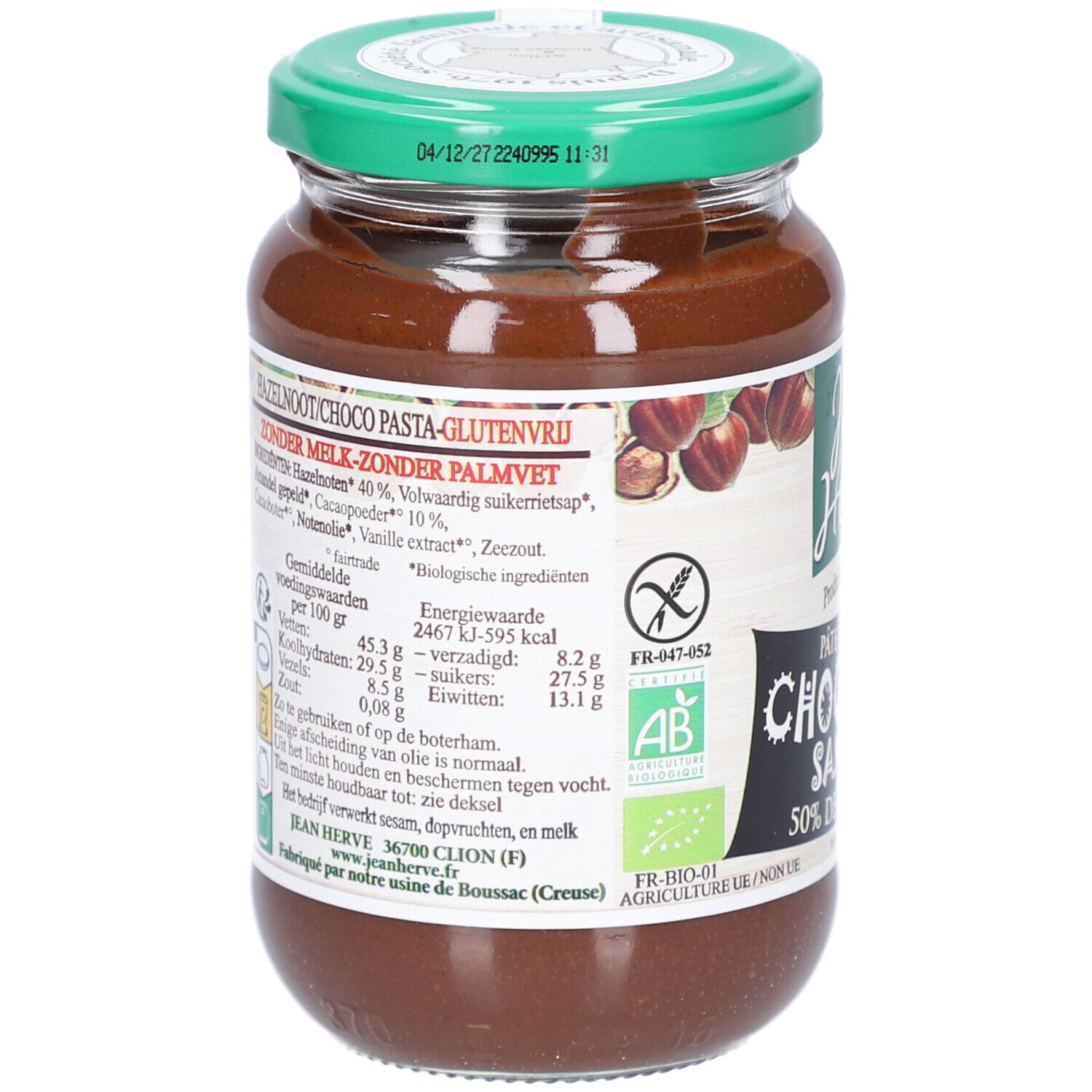 Dos du pot de pâte à tartiner. Ingrédients, informations nutritionnelles. "Jean Hervé" et label AB. Sans gluten.