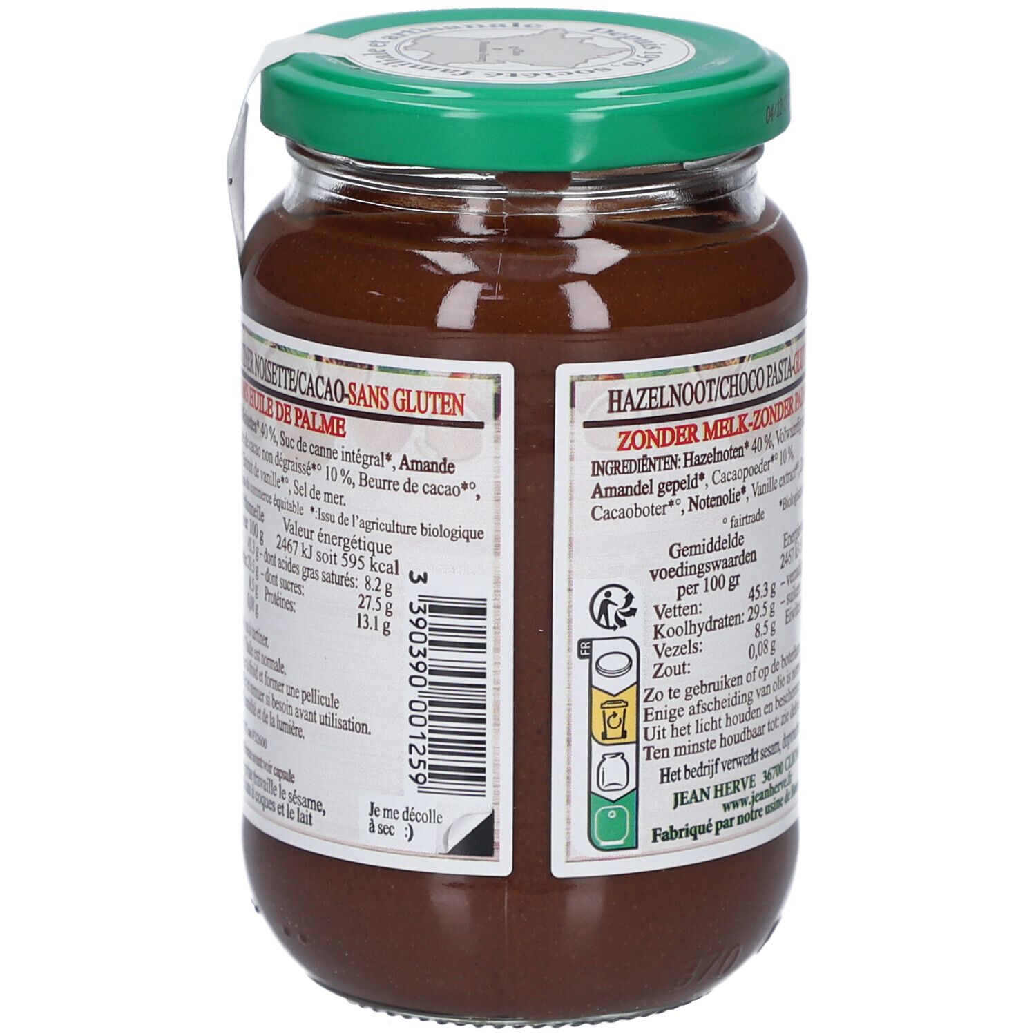 Dos du pot de pâte à tartiner. Ingrédients, informations nutritionnelles. "Jean Hervé". Sans gluten.