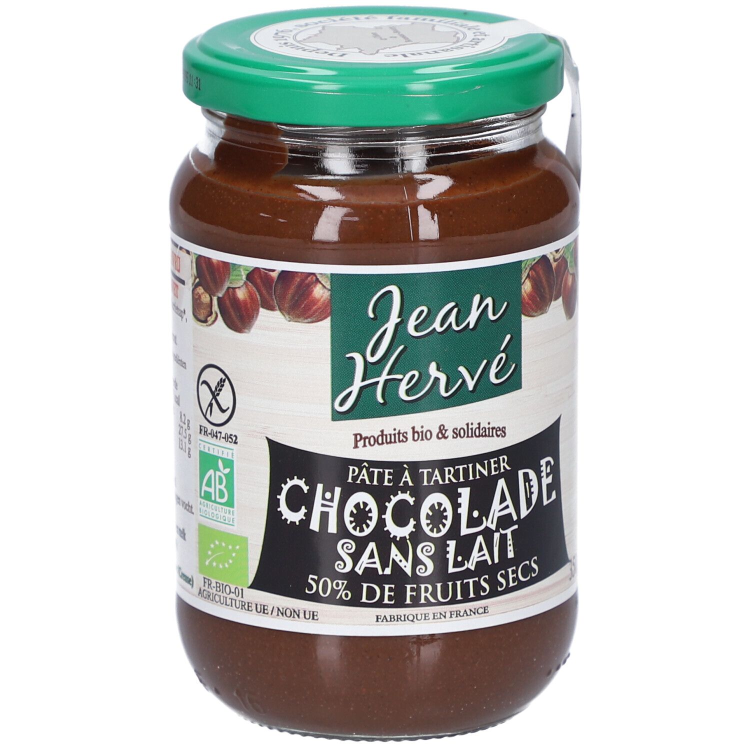 Pot de pâte à tartiner chocolat sans lait. Couvercle vert, étiquette "Jean Hervé". Label AB. 50% de fruits secs.