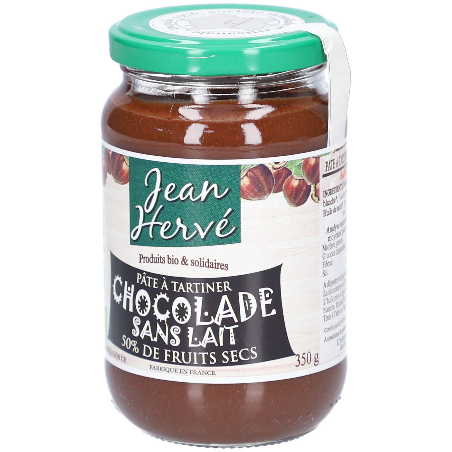 Pot de pâte à tartiner chocolat sans lait. Couvercle vert, étiquette "Jean Hervé". 350g.