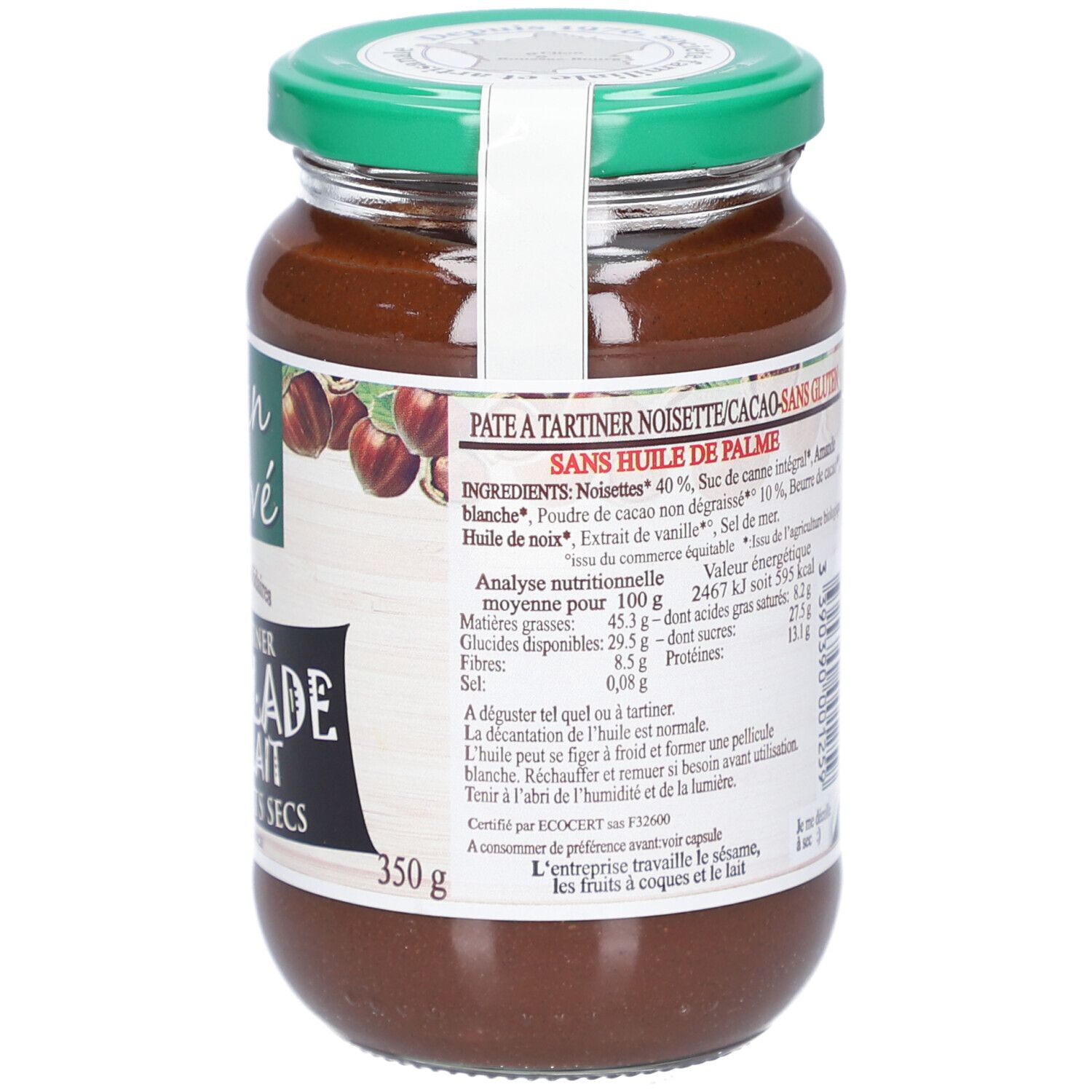 Dos du pot de pâte à tartiner. Ingrédients, informations nutritionnelles. "Jean Hervé". 350g.