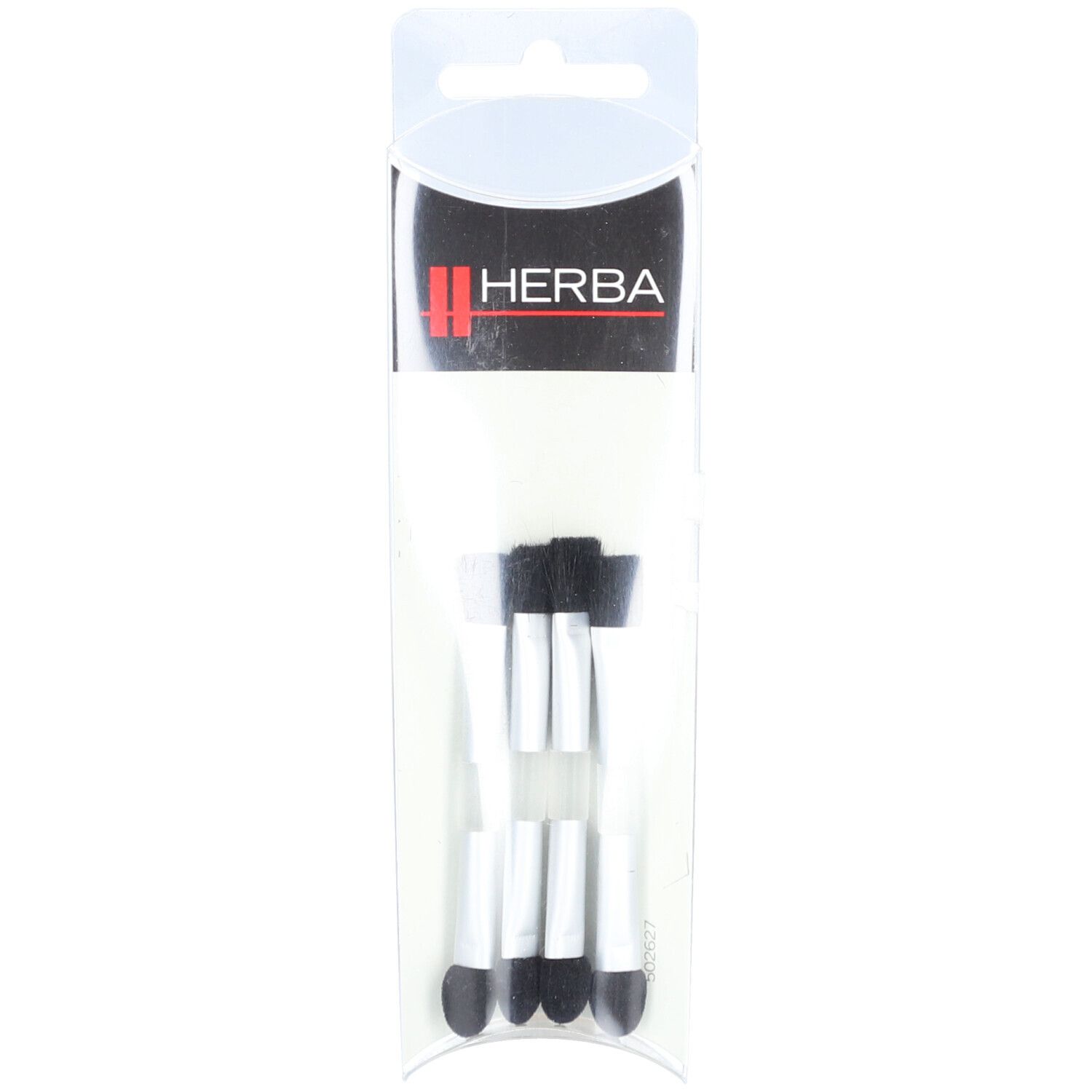 Verpackung mit Applikatoren. Schwarze und weiße Stäbe mit Schwammspitzen. HERBA-Logo oben.